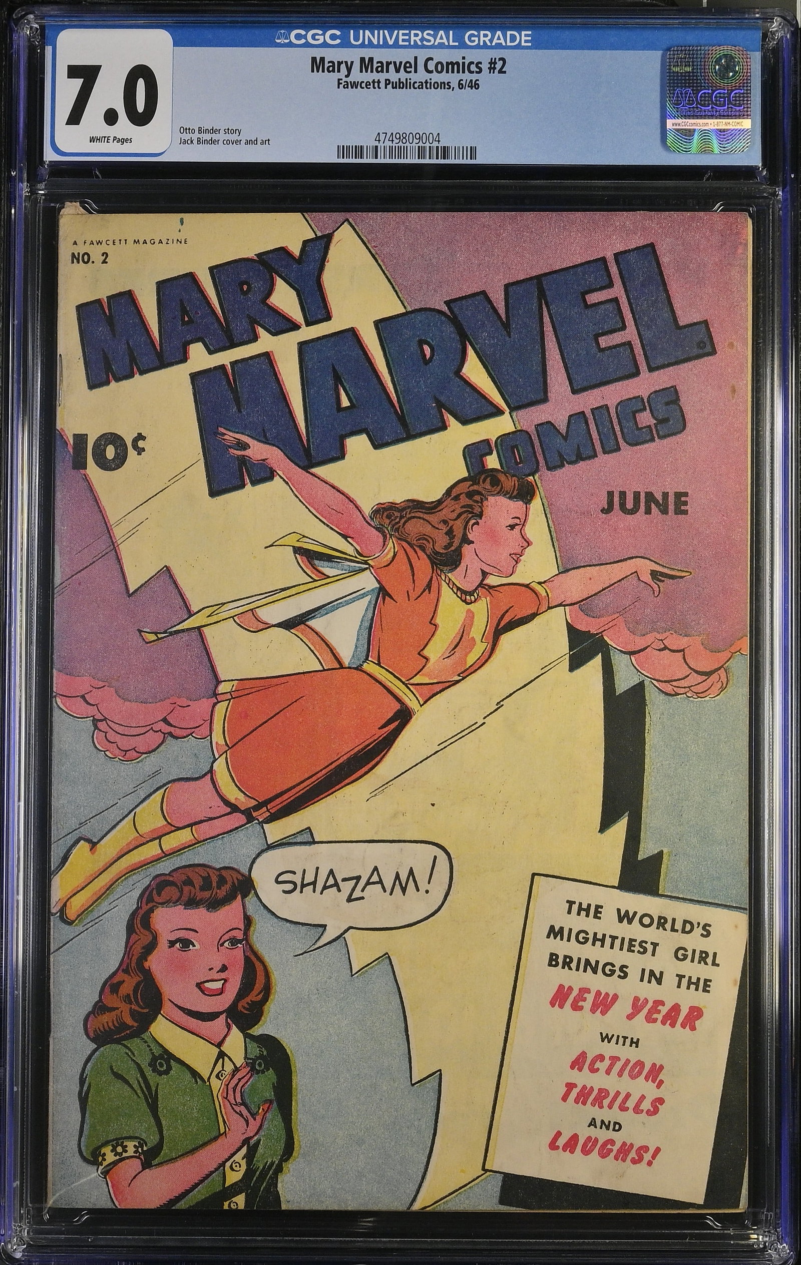 Mary Marvel Comic #2 CGC 7.0 (Fawcett Publications, 1946) White Pages: Mary Marvel Comic #2 CGC 7.0 (Fawcett Publications, 1946).Cover art by Jack Binder. "The Magic Yarn". Story by Otto Binder and art by Jack Binder. Mary decides to check up on Georgia Sivana at the ref