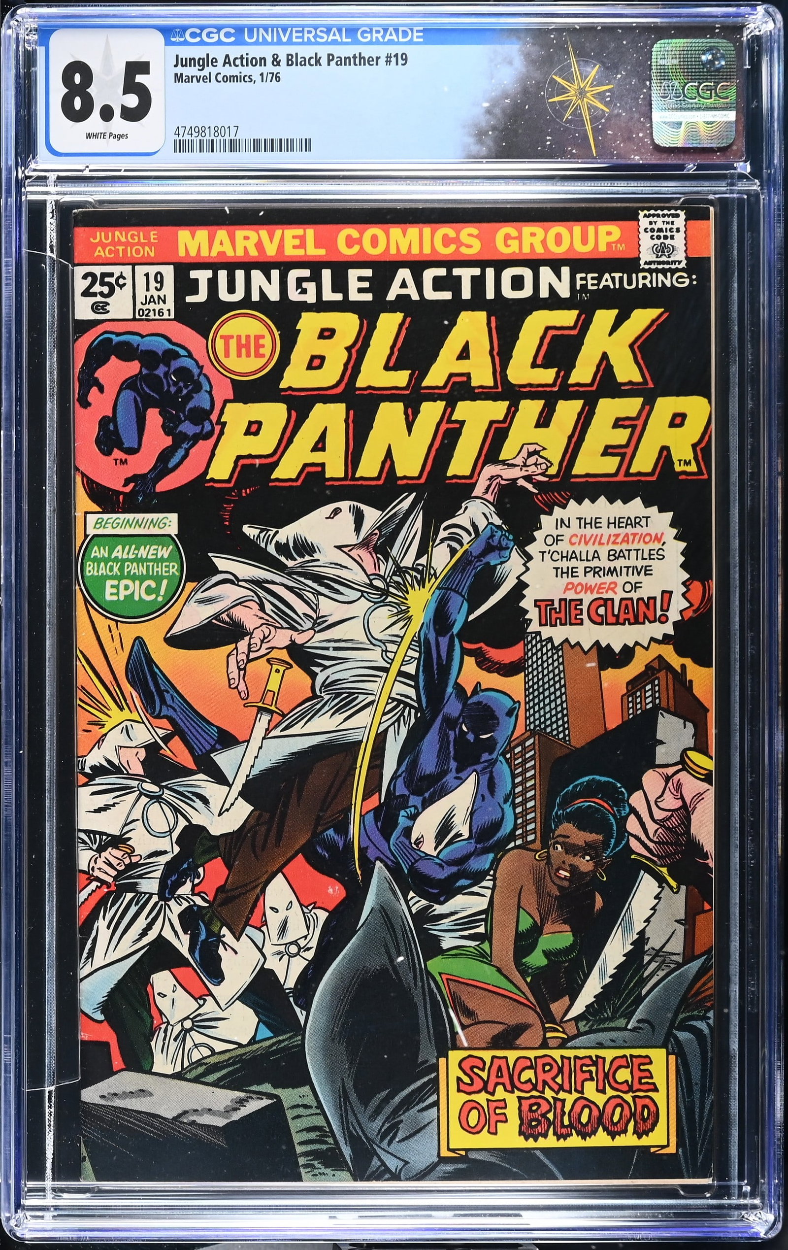 Jungle Action & Black Panther #19 CGC 8.5 Black Panther vs. the KKK (Marvel Comics, 1976) White: Jungle Action & Black Panther #19 CGC 8.5 Black Panther vs. the KKK (Marvel Comics, 1976).Cover pencils by Gil Kane and inks by Dan Adkins. The Black Panther stars in the Panther versus the Klan part 