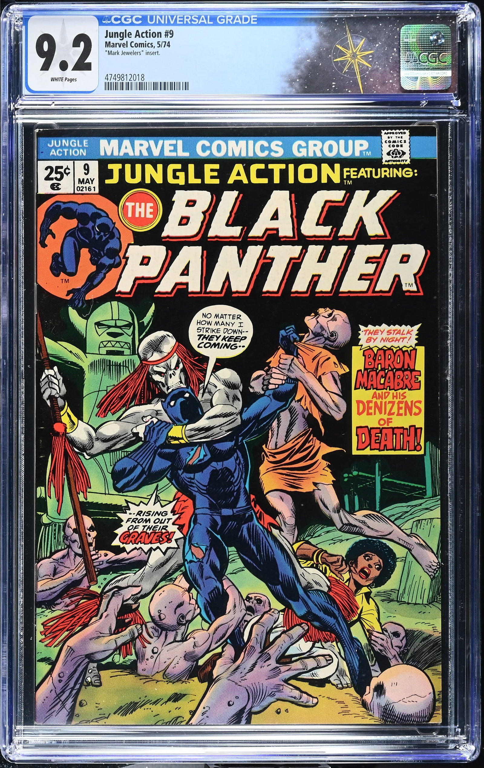 Jungle Action #9 CGC 9.2 "Mark Jewelers" Insert & 1st Appearance of Baron Macabre (Marvel Comics,: Jungle Action #9 CGC 9.2 1st Appearance of Baron Macabre (Marvel Comics, 1974).First 25-cent cover price. 1st appearance of Baron Macabre in Panther's Rage part 4, ?But Now the Spears are Broken?. Sto