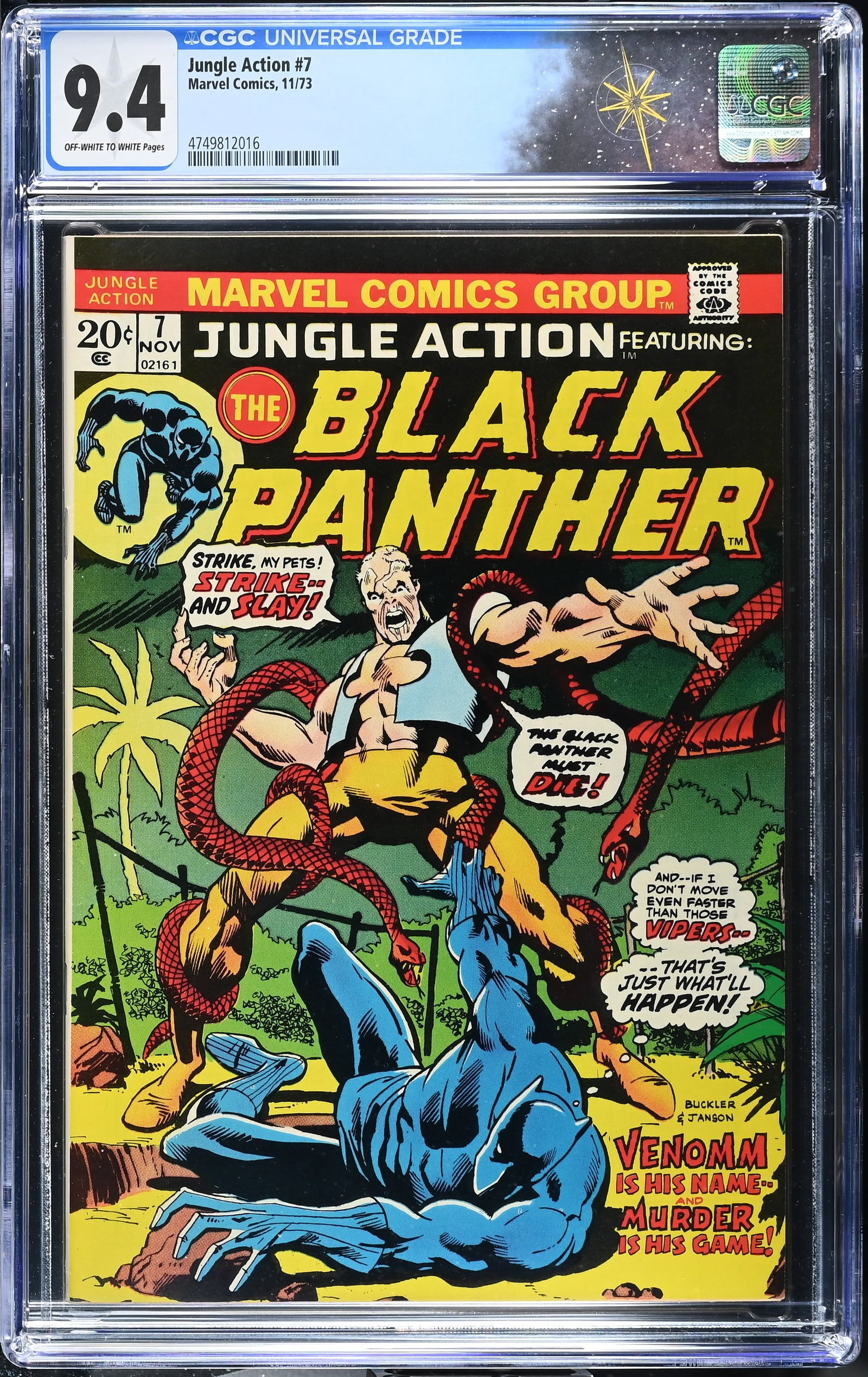 Jungle Action #7 CGC 9.4 1st Appearance of Venomm (Horatio Walters) (Marvel Comics, 1973) Off-White (1 of 2)