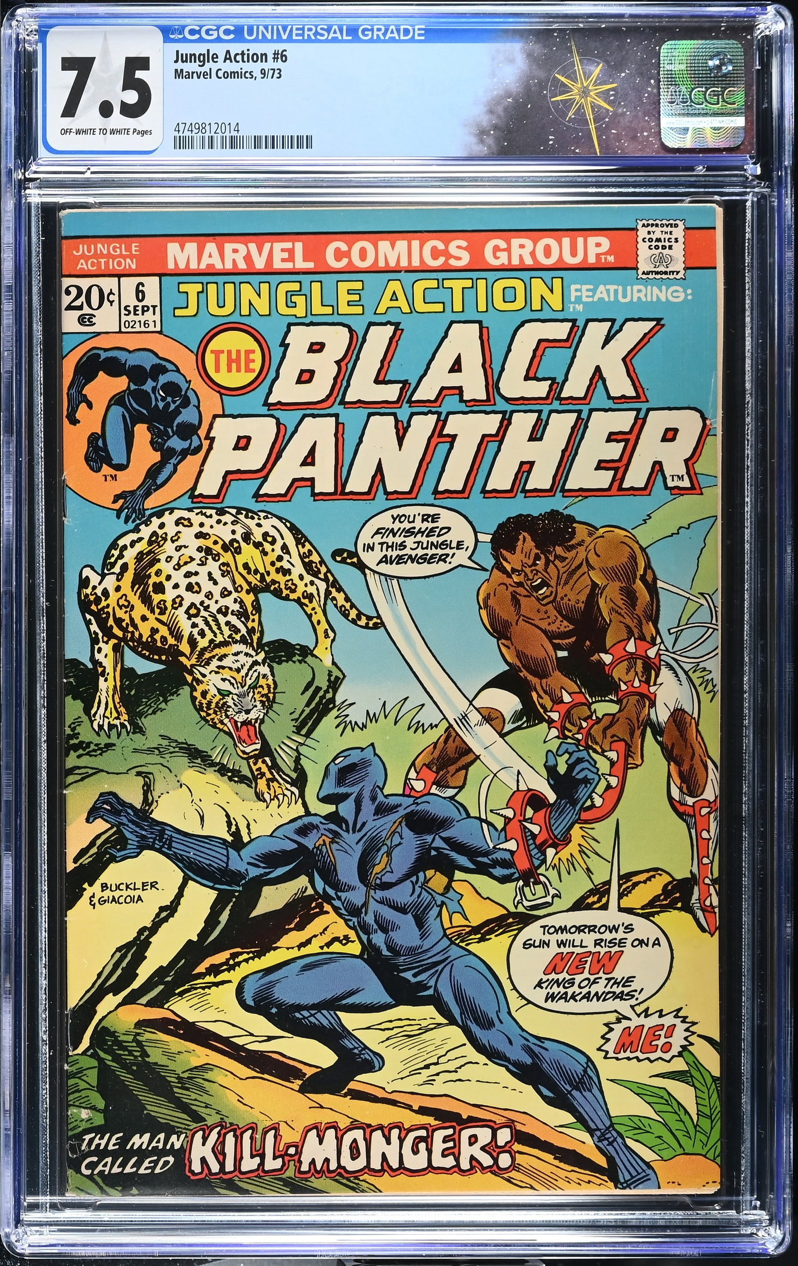 Jungle Action #6 CGC 7.5 1st Solo Black Panther Story & Killmonger Appearance (Marvel Comics, 1973): Jungle Action #6 CGC 7.5 1st Solo Black Panther Story & 1st Erik Killmonger Appearance (Marvel Comics, 1973).Cover pencils by Rich Buckler, inks by Frank Giacoia. New Black Panther stories begin. 1st 