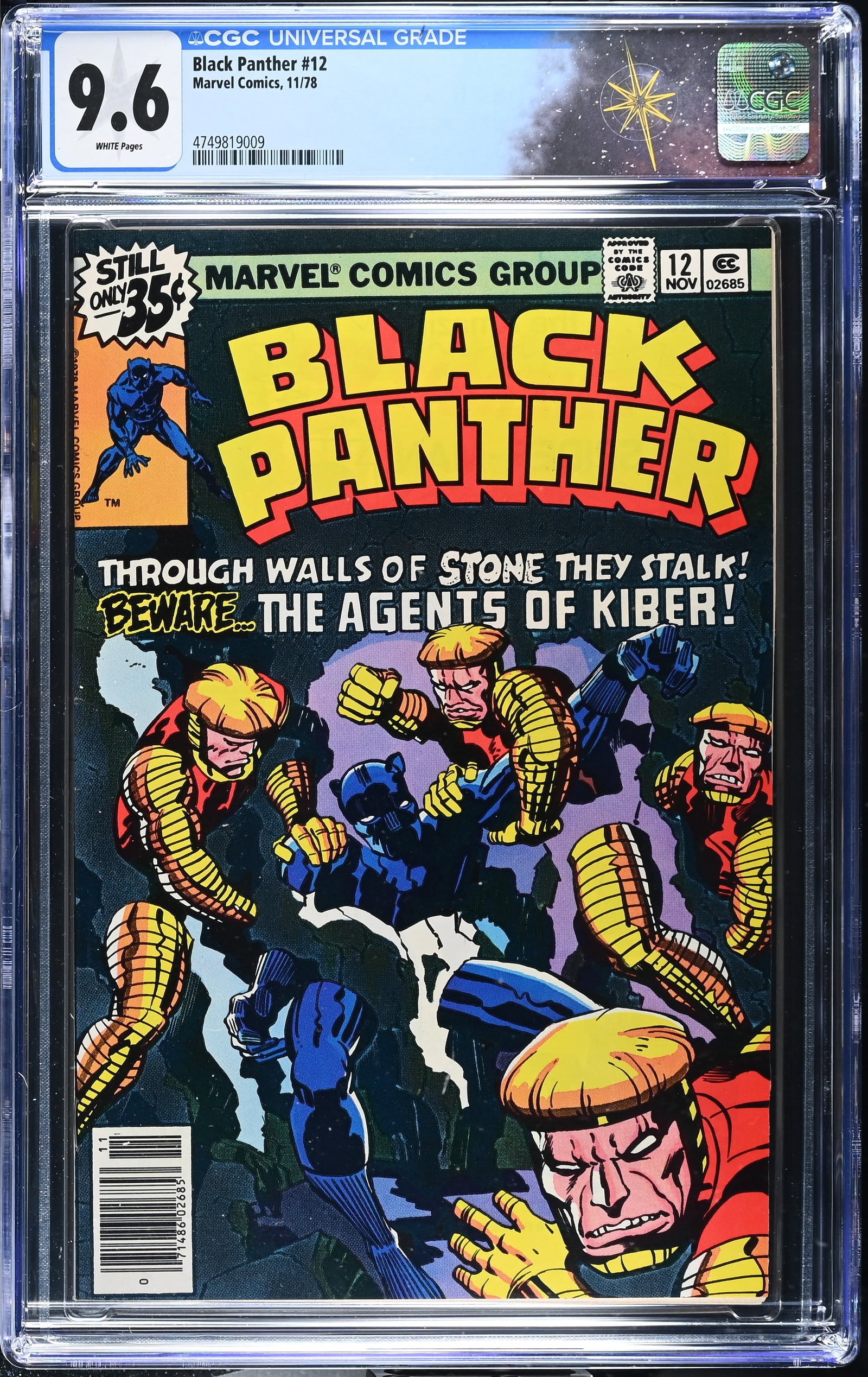 Black Panther #12 CGC 9.6 ?The Kiber Clue? (Marvel Comics, 1978) White Pages: Black Panther #12 CGC 9.6 "The Kiber Clue" (Marvel Comics, 1978). Cover pencils by Jack Kirby and inks by Joe Rubinstein. "The Kiber Clue". Story and pencils by Jack Kirby, and inks by Mike Royer. Bla