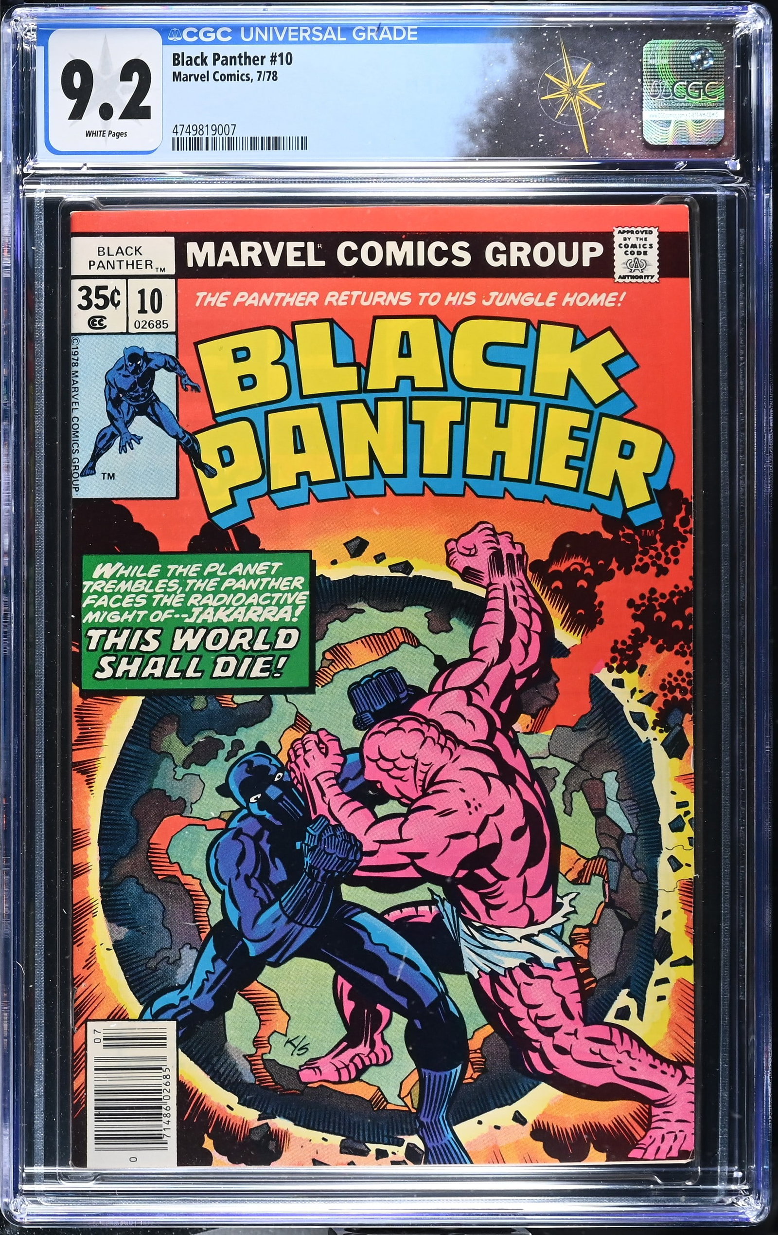 Black Panther #10 CGC 9.2 "This World Shall Die!" (Marvel Comics, 1978) White Pages: Black Panther #10 CGC 9.2 "This World Shall Die!" (Marvel Comics, 1978).Cover pencils by Jack Kirby and inks by Joe Sinnott. ?This World Shall Die!?. Story and pencils by Jack Kirby, and inks by Mike 