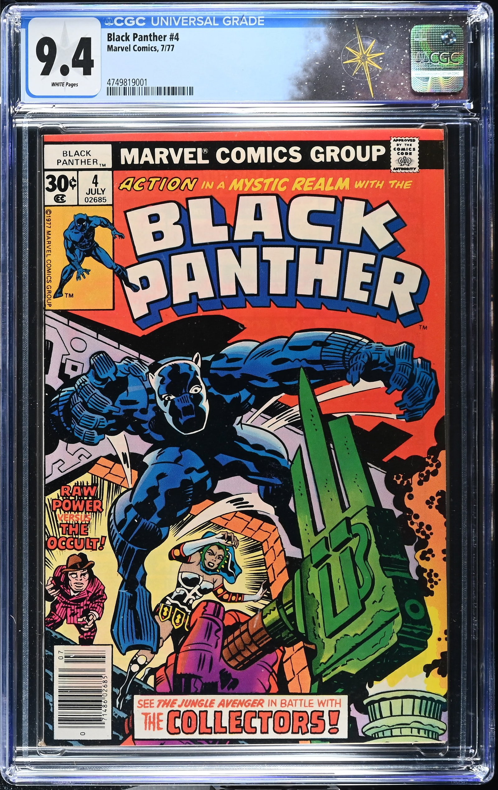 Black Panther #4 CGC 9.4 "Friends or Foes" (Marvel Comics, 1977) White Pages: Black Panther #4 CGC 9.4 "Friends or Foes" (Marvel Comics, 1977).Cover pencils by Jack Kirby. ?Friends or Foes?. Story and pencils by Jack Kirby, and inks by Mike Royer. King Solomon's Tomb storyline 