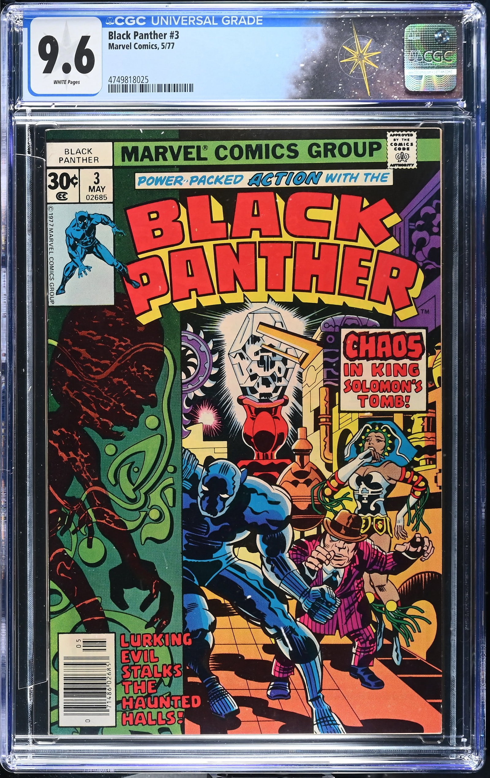 Black Panther #3 CGC 9.6 "Race Against Time" (Marvel Comics, 1977) White Pages: Black Panther #3 CGC 9.6 "Race Against Time" (Marvel Comics, 1977).Cover pencils by Jack Kirby and inks by John Verpoorten. ?Race Against Time?. Story and pencils by Jack Kirby, and inks by Mike Royer