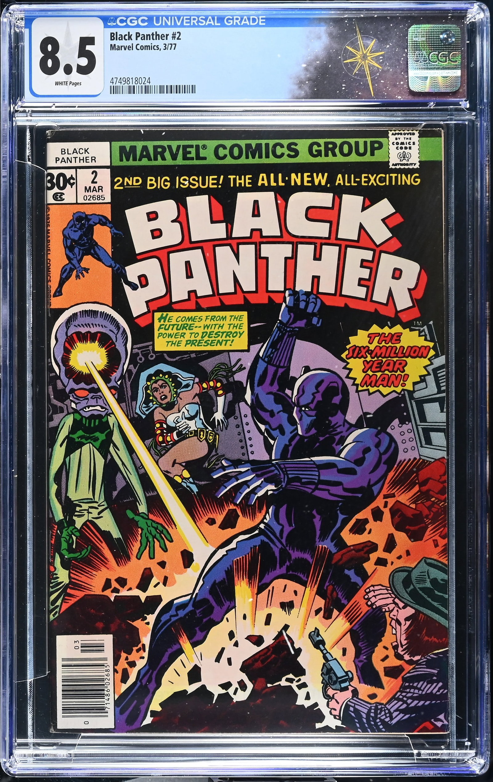Black Panther #2 CGC 8.5 "The Six-Million Year Man" (Marvel Comics, 1977) White Pages: Black Panther #2 CGC 8.5 "The Six-Million Year Man" (Marvel Comics, 1977).Cover pencils by Jack Kirby, and inks by Frank Giacoia. ?The Six-Million Year Man?. Story and pencils by Jack Kirby, and inks 