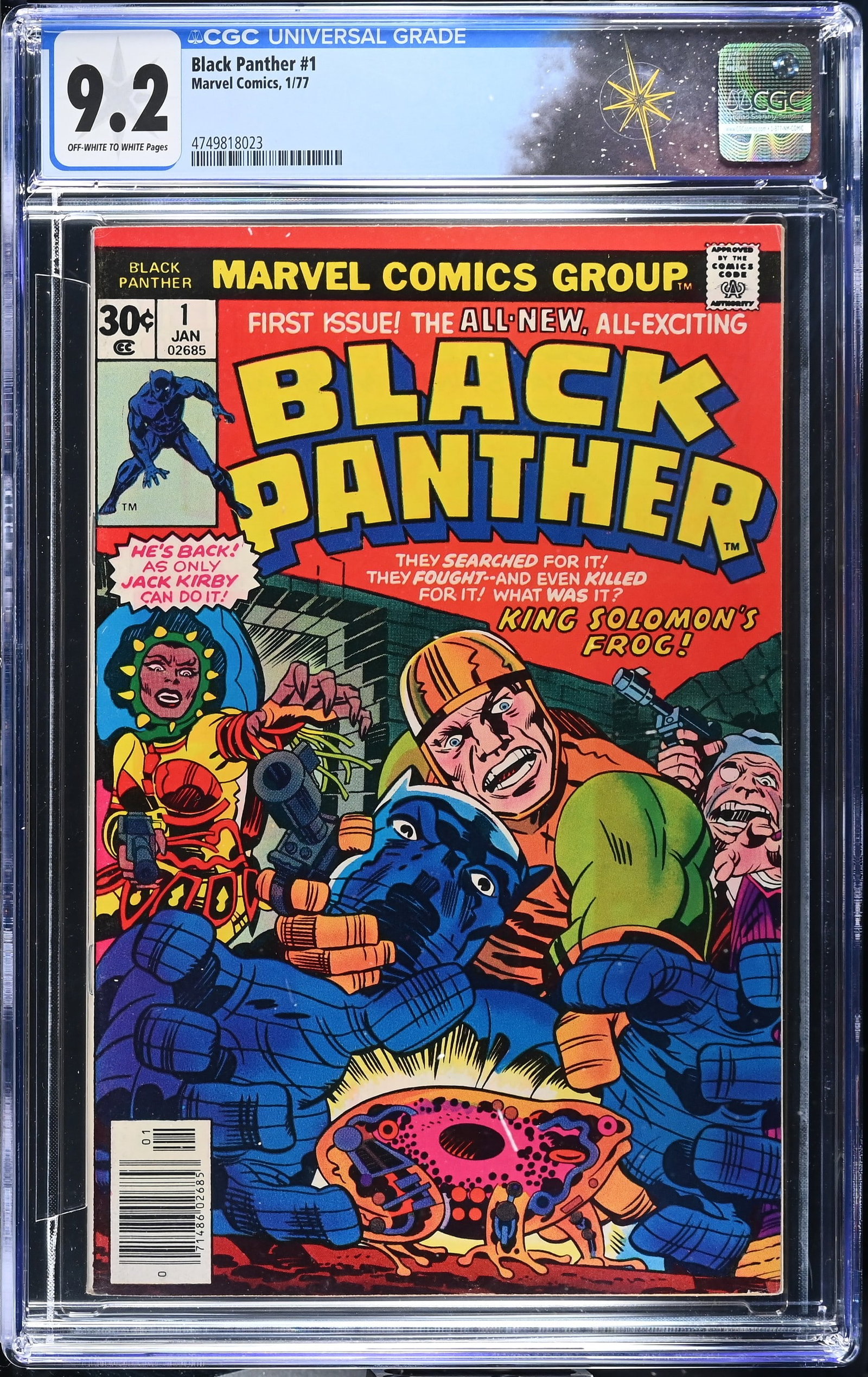 Black Panther #1 CGC 9.2 1st Ongoing Solo Black Panther Title (Marvel Comics, 1977) Off-White to: Black Panther #1 CGC 9.2 1st Ongoing Solo Black Panther Title (Marvel Comics, 1977).Cover pencils by Jack Kirby and inks by John Verpoorten. 1st team appearance of the Collectors in ?King Solomon's Fr
