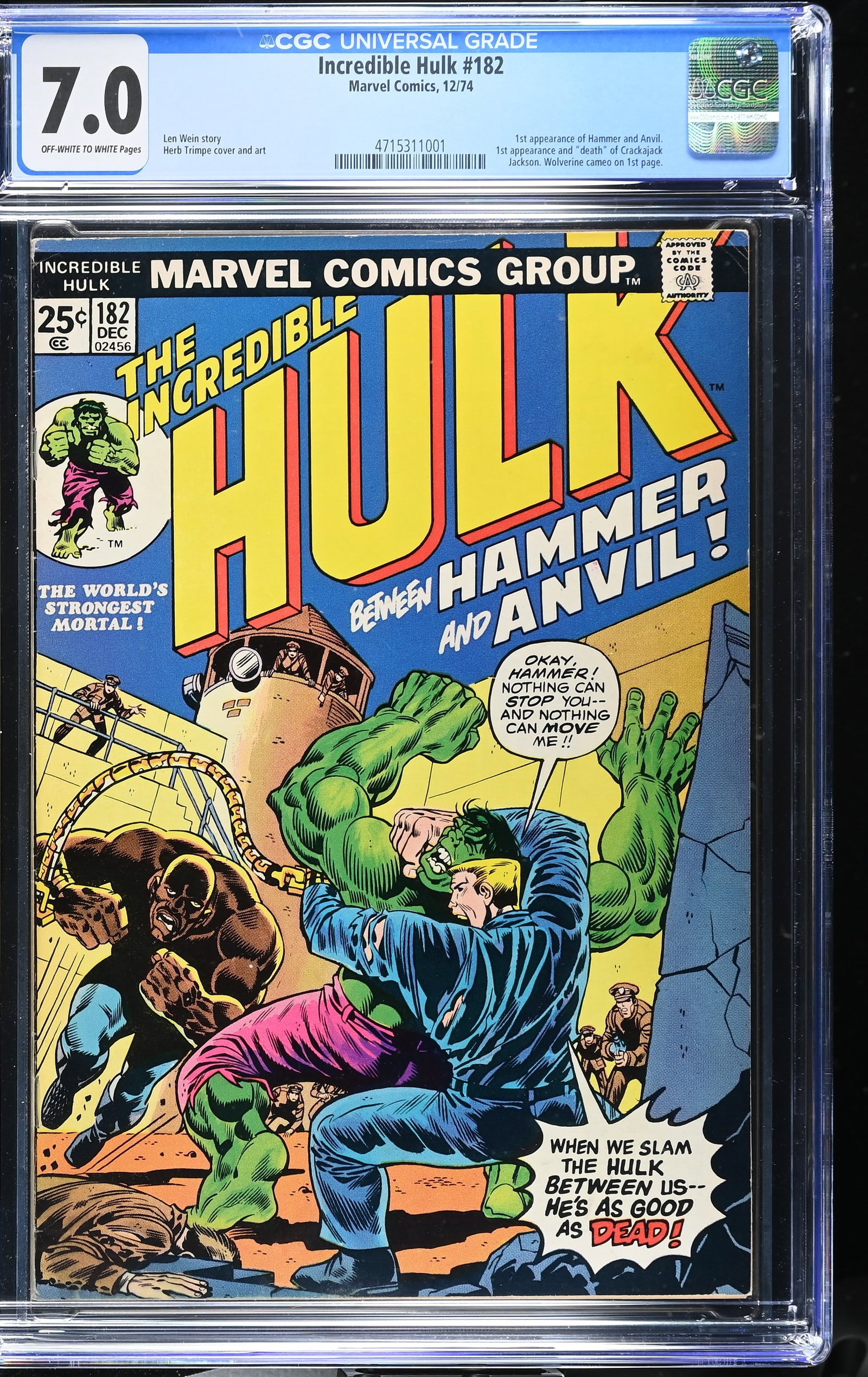 Incredible Hulk #182 CGC 7.0 1st Appearance of Hammer and Anvil (Marvel Comics, 1974) Off-White to (1 of 2)