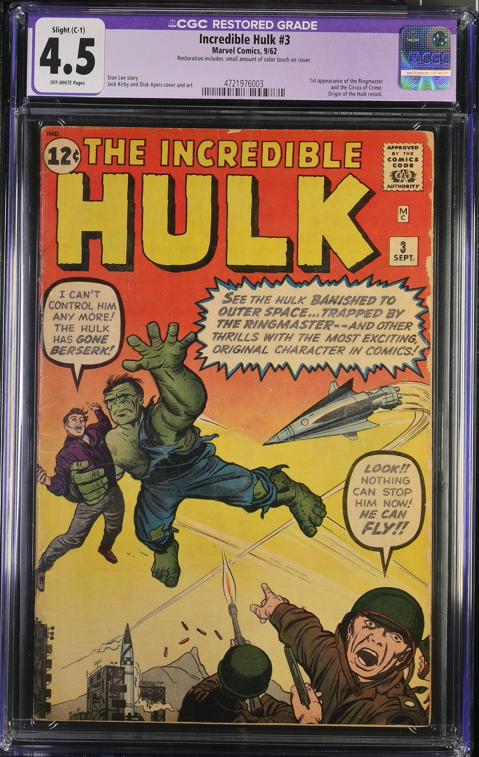 Incredible Hulk #3 CGC 4.5 Restored 1st App of Ringmaster & Circus of Crime (Marvel Comics, 1962) (1 of 2)