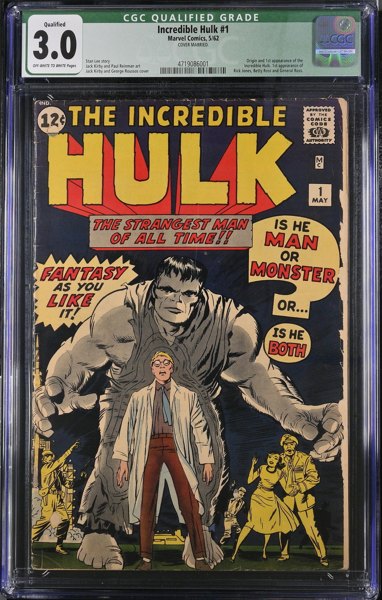 Incredible Hulk #1 CGC 3.0 Qualified Origin and 1st Appearance of Hulk (Marvel Comics, 1962) (1 of 2)
