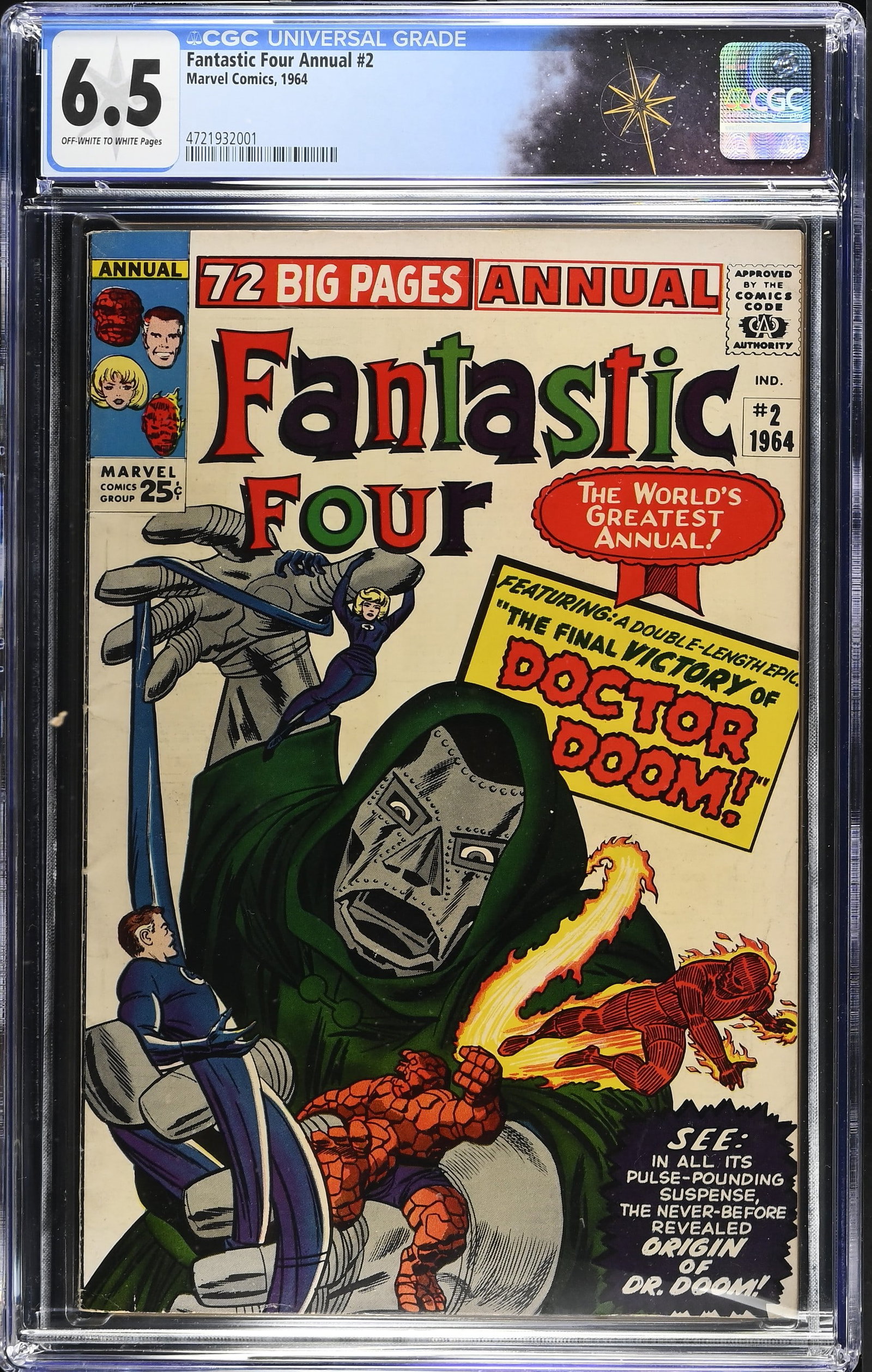 Fantastic Four Annual #2 CGC 6.5 Origin of Doctor Doom (Marvel Comics, 1964) Off-White to White: Fantastic Four Annual #2 CGC 6.5 Origin of Doctor Doom (Marvel Comics, 1964).2 new Doctor Doom stories, "Origin of Doctor Doom!" and "The Final Victory of Dr. Doom!" Scripts by Stan Lee, pencils by Ja