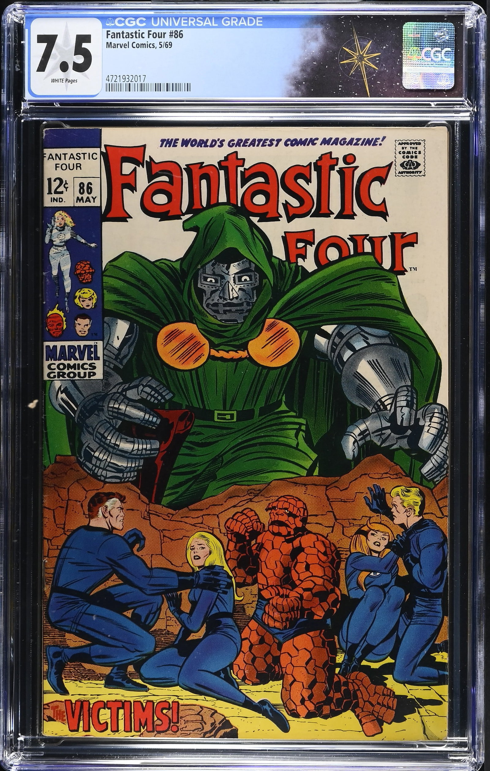Fantastic Four #86 CGC 7.5 Doom Cover by by Jack Kirby and Joe Sinnott (Marvel Comics, 1969): Fantastic Four #86 CGC 7.5 "The Victims" (Marvel Comics, 1969).Cover by Jack Kirby and Joe Sinnott. "The Victims" Part 3 of 4. Story by Stan Lee, pencils by Jack Kirby and inks by Joe Sinnott. In horr