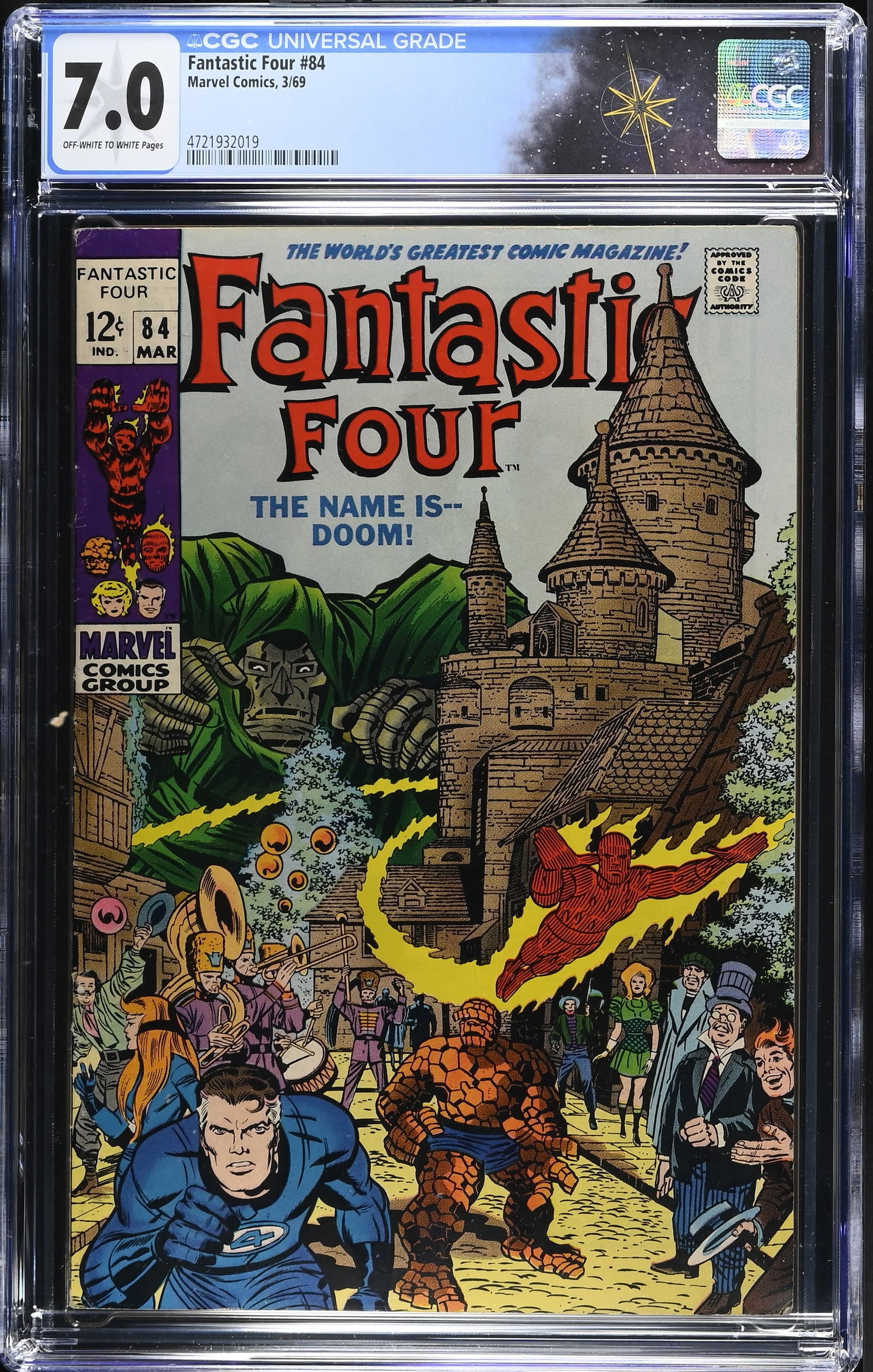 Fantastic Four #84 CGC 7.0 Iconic Doom Cover by Jack Kirby and Joe Sinnott (Marvel Comics, 1969): Fantastic Four #84 CGC 7.0 "The Name is Doom" (Marvel Comics, 1969).Cover by Jack Kirby and Joe Sinnott.?"The Name is Doom" Part 1 of 4. Story by Stan Lee, pencils by Jack Kirby and inks by Joe Sinnot