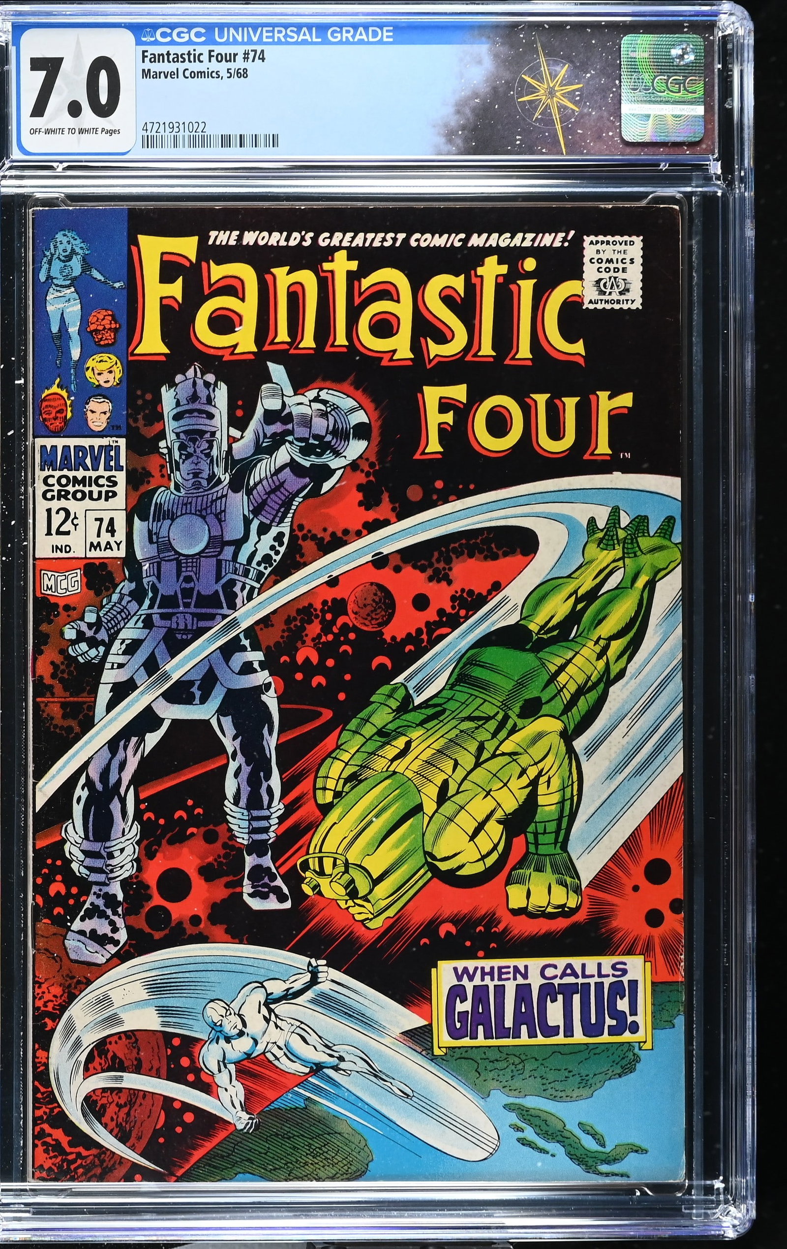 Fantastic Four #74 CGC 7.0 "When Calls Galactus!" (Marvel Comics, 1968) Off-White to White Pages: Fantastic Four #74 CGC 7.0 "When Calls Galactus!" (Marvel Comics, 1968).Cover pencils by Jack Kirby and inks by Joe Sinnott. The Silver Surfer, Galactus, and Crystal (of the Inhumans) guest star in ?W