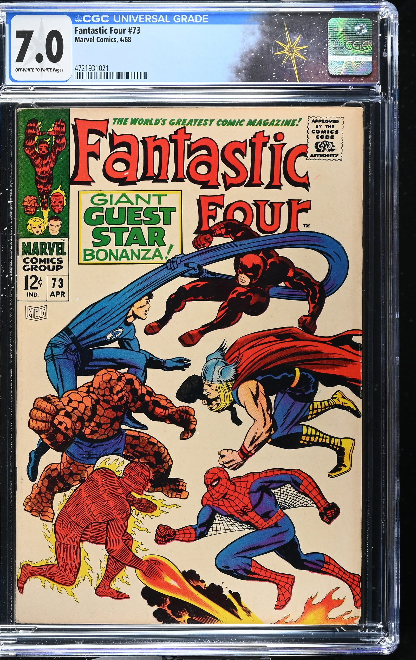 Fantastic Four #73 CGC 7.0 "The Flames of Battle" (Marvel Comics, 1968) Off-White to White Pages: Fantastic Four #73 CGC 7.0 "The Flames of Battle" (Marvel Comics, 1968).Cover pencils by Jack Kirby and inks by Joe Sinnott. Daredevil, Thor, and Spider-Man guest star in ?The Flames of Battle?. Story