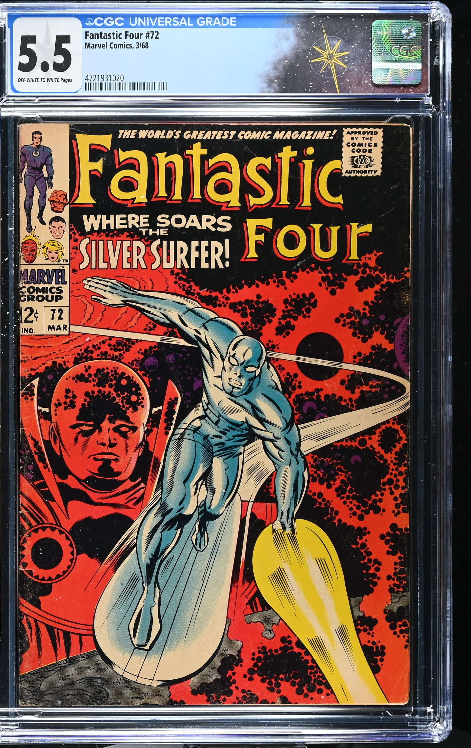 Fantastic Four #72 CGC 5.5 Iconic Silver Surfer Cover by Jack Kirby (Marvel Comics, 1968) Off-White: Fantastic Four #72 CGC 5.5 "Where Soars the Silver Surfer!" (Marvel Comics, 1968).Cover pencils by Jack Kirby and inks by Joe Sinnott. ?Where Soars the Silver Surfer!?. Story by Stan Lee and Jack Kirb