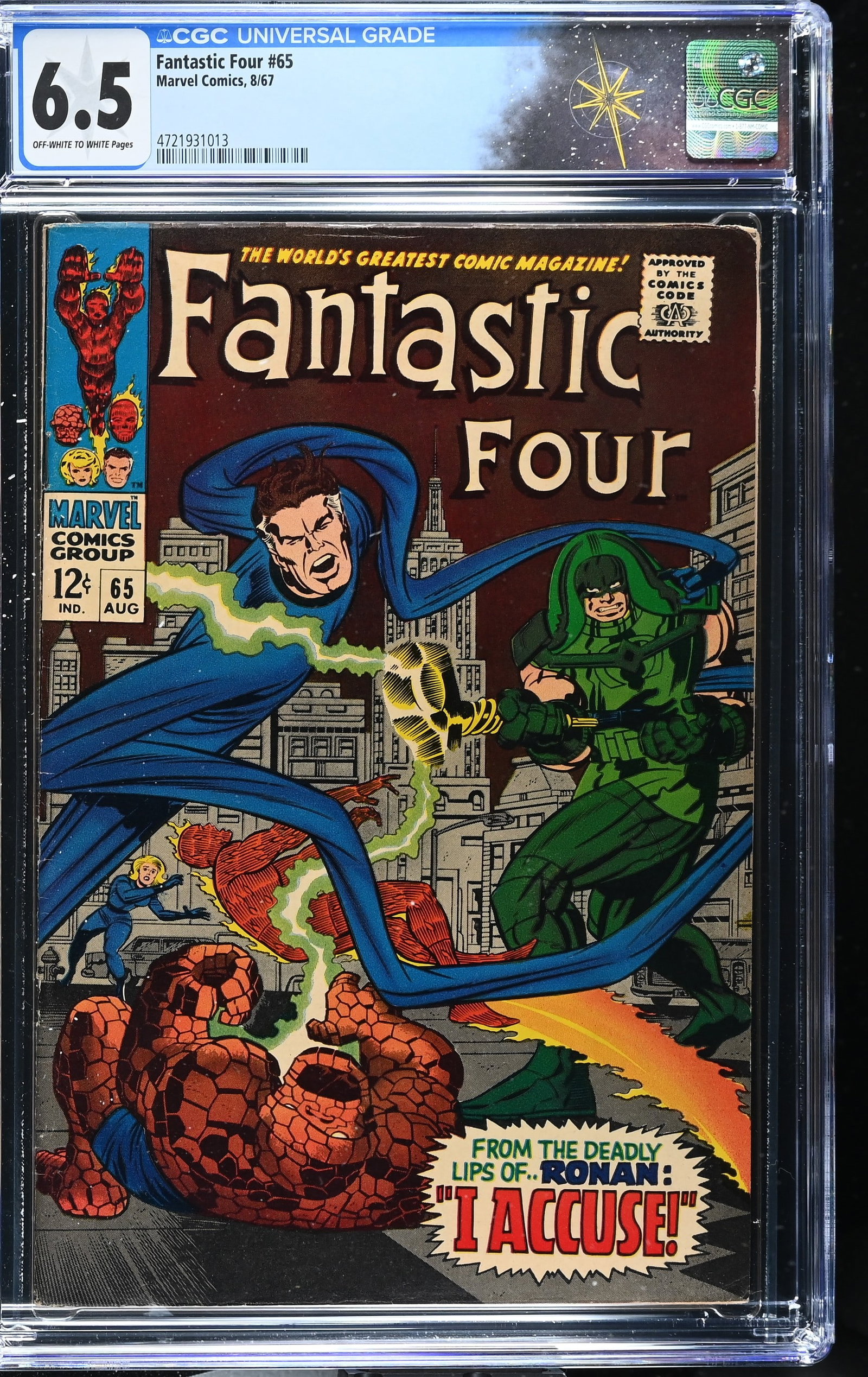 Fantastic Four #65 CGC 6.5 1st Appearance of Ronan the Accuser (Marvel Comics, 1967) Off-White to: Fantastic Four #65 CGC 6.5 1st Appearance of Ronan the Accuser (Marvel Comics, 1967).Cover pencils by Jack Kirby, and inks by Joe Sinnott. 1st appearance of Ronan the Acuser in ?...From Beyond This Pl