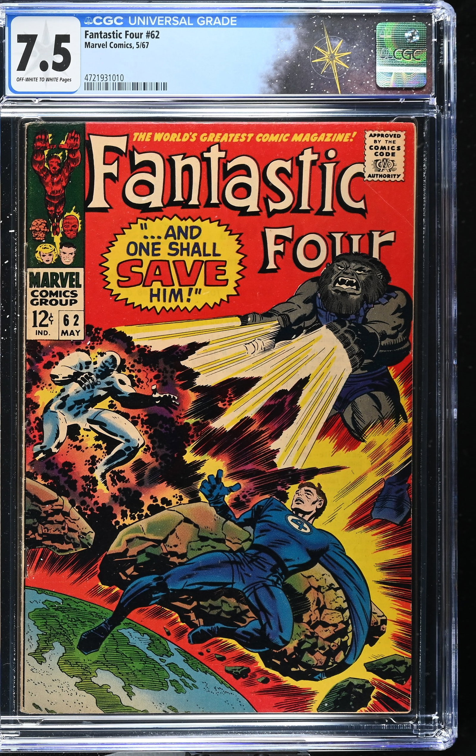 Fantastic Four #62 CGC 7.5 1st Appearance of Blastaar (Marvel Comics, 1967) Off-White to White Pages: Fantastic Four #62 CGC 7.5 1st Appearance of Blastaar (Marvel Comics, 1967).Cover pencils by Jack Kirby and ?inks by Frank Giacoia. 1st appearance of Blastaar in ?...and One Shall Save Him!?. Story by