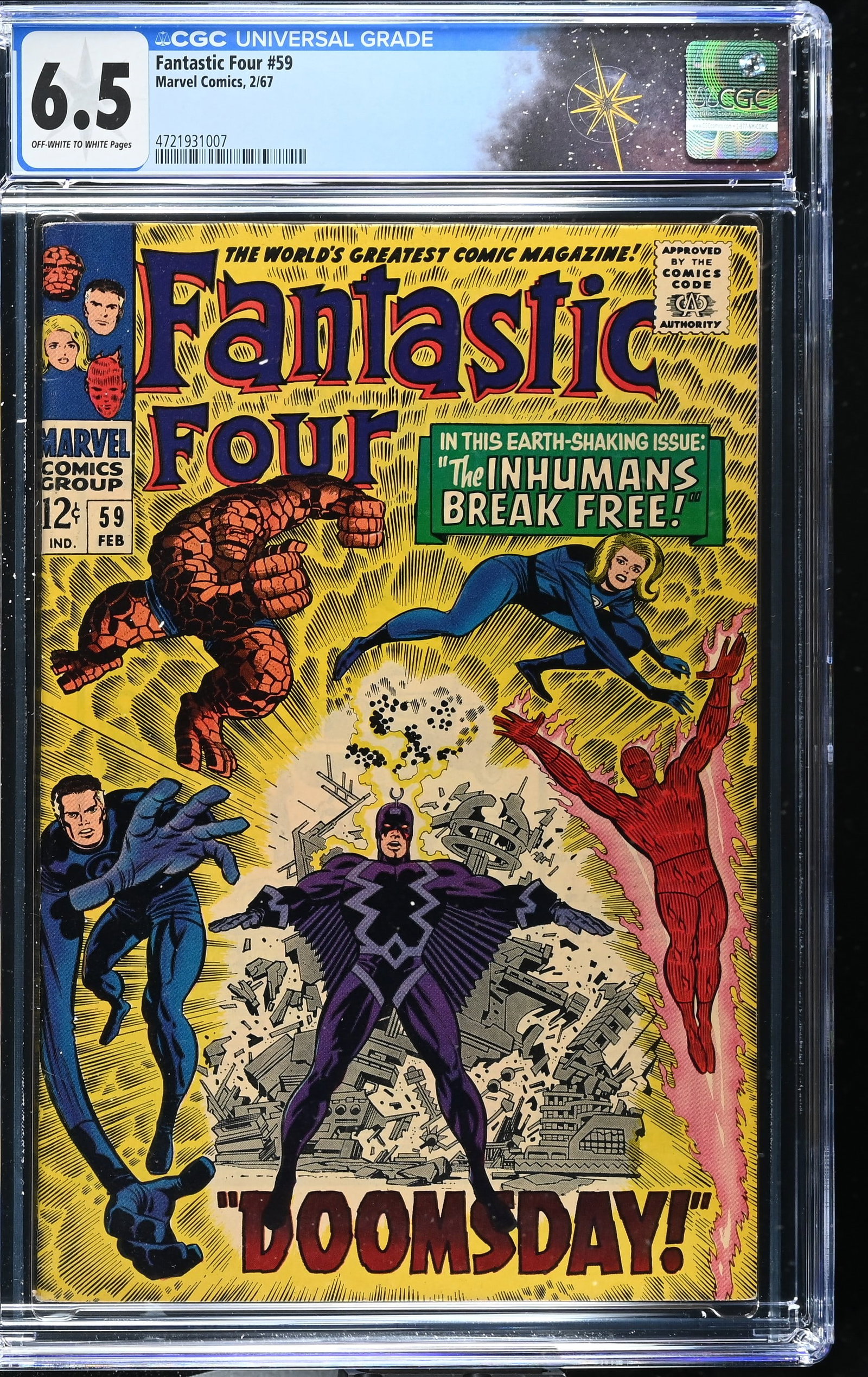 Fantastic Four #59 CGC 6.5 "Doomsday!" (Marvel Comics, 1967) Off-White to White Pages: Fantastic Four #59 CGC 6.5 "Doomsday!" (Marvel Comics, 1967).Cover pencils by Jack Kirby and inks by Joe Sinnott. Doctor Doom steals the Silver Surfer's cosmic powers in ?Doomsday?. Story by Stan Lee 