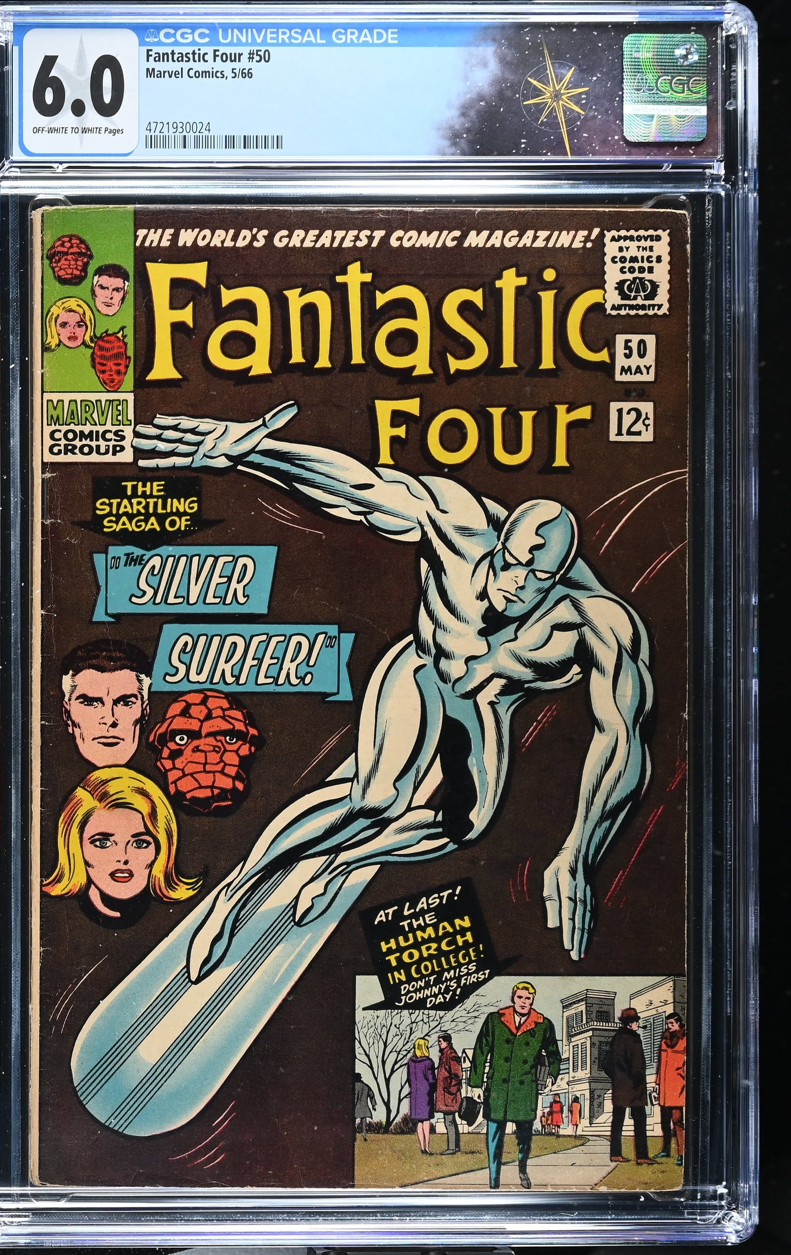 Fantastic Four #50 CGC 6.0 Iconic Jack Kirby Cover Silver Surfer vs. Galactus (Marvel Comics, 1966): Fantastic Four #50 CGC 6.0 Iconic Jack Kirby Cover, Silver Surfer vs. Galactus (Marvel Comics, 1966). Iconic cover by Jack Kirby and Joe Sinnott. 1st Silver Surfer vs. Galactus, 2nd appearance of Gala