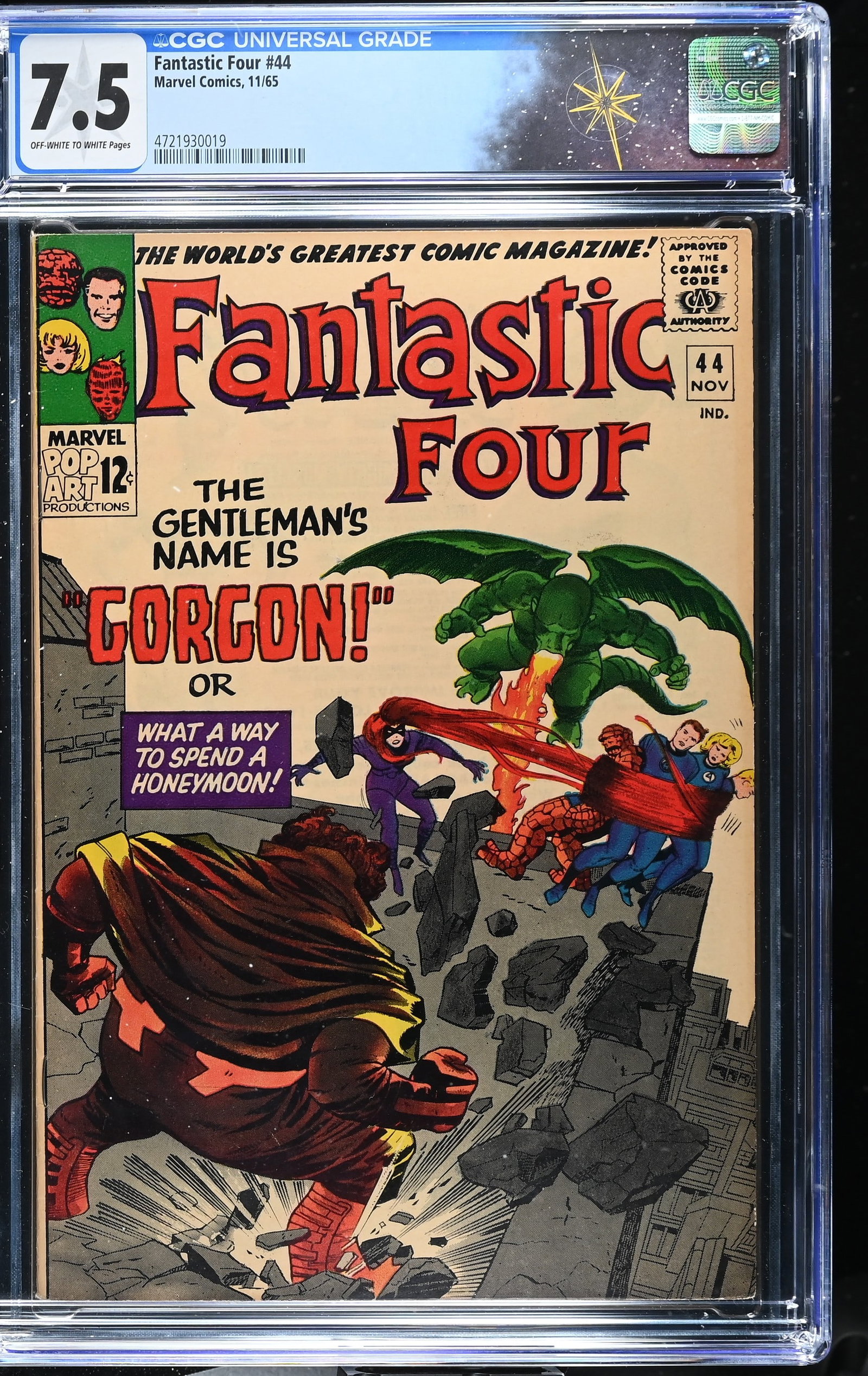 Fantastic Four #44 CGC 7.5 1st Appearance of Gorgon (Marvel Comics, 1965) Off-White to White Pages: Fantastic Four #44 CGC 7.5 1st Appearance of Gorgon (Marvel Comics, 1965).Cover pencils by Jack Kirby and inks by Vince Colletta. 1st appearance of Gorgon in ?The Gentleman's Name Is Gorgon! or What a