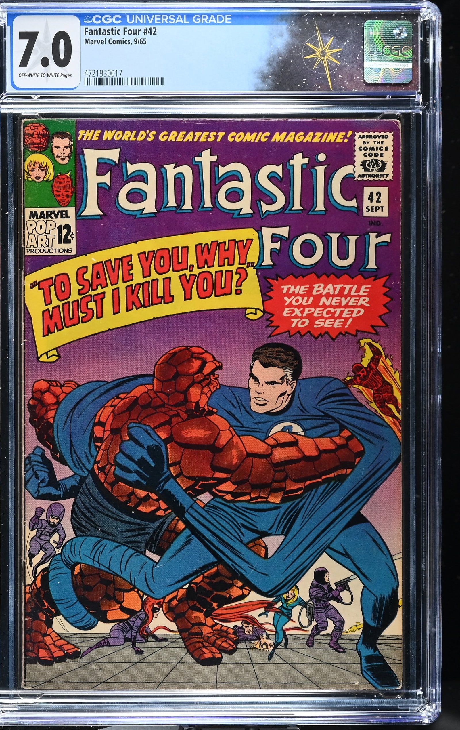 Fantastic Four #42 CGC 7.0 "To Save You, Why Must I Kill You" (Marvel Comics, 1965) Off-White to: Fantastic Four #42 CGC 7.0 Frightful Four appearance (Marvel Comics, 1965).Cover pencils by Jack Kirby and inks by Sol Brodsky. ?To Save You, Why Must I Kill You?. Story by Stan Lee, pencils by Jack K
