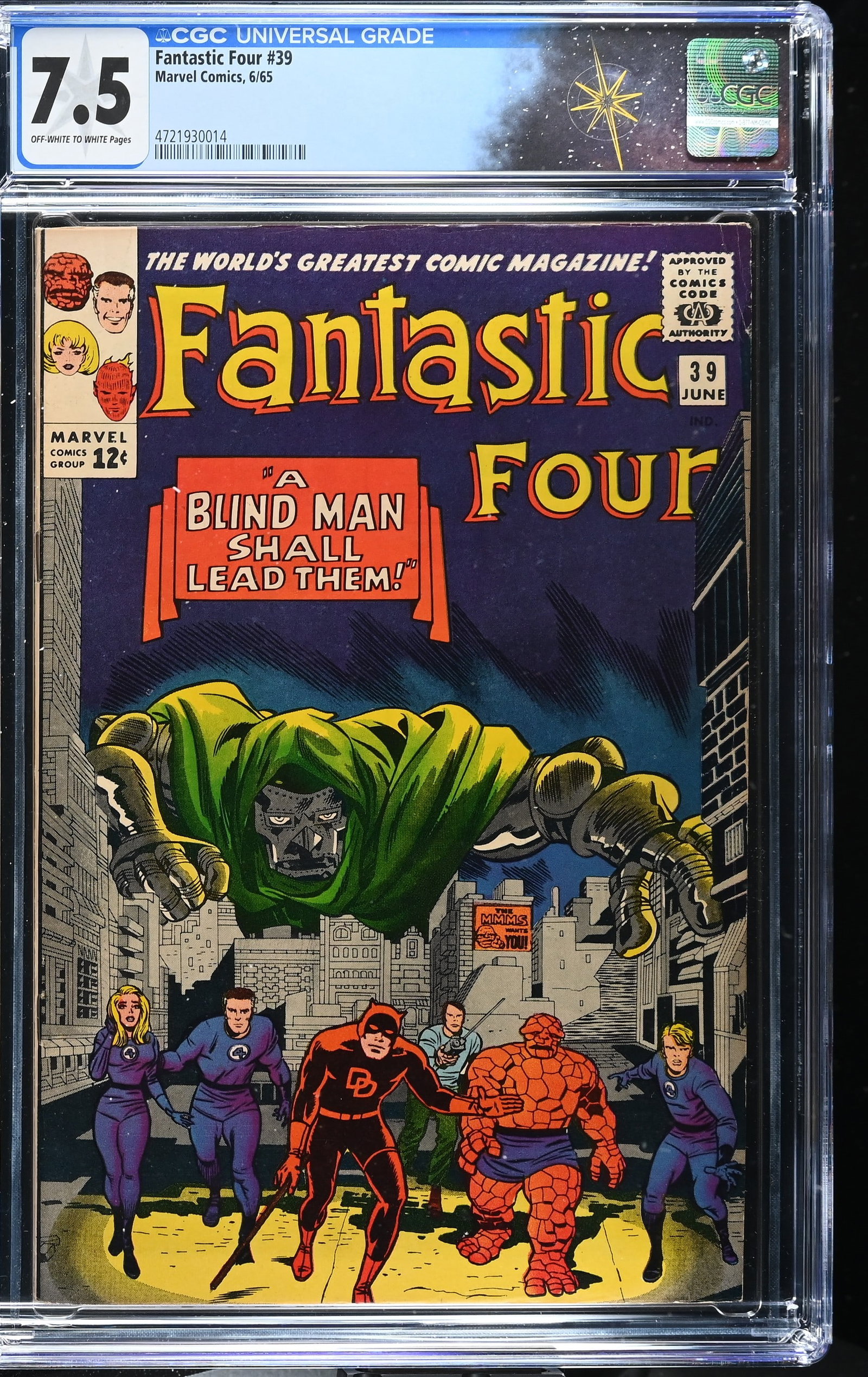 Fantastic Four #39 CGC 7.5 Dr. Doom Cover ?A Blind Man Shall Lead Them!? (Marvel Comics, 1965): Fantastic Four #39 CGC 7.5 Dr. Doom Cover ?A Blind Man Shall Lead Them!? (Marvel Comics, 1965).Cover pencils by Jack Kirby and inks by Chic Stone and Wally Wood. ?A Blind Man Shall Lead Them!?. Story 