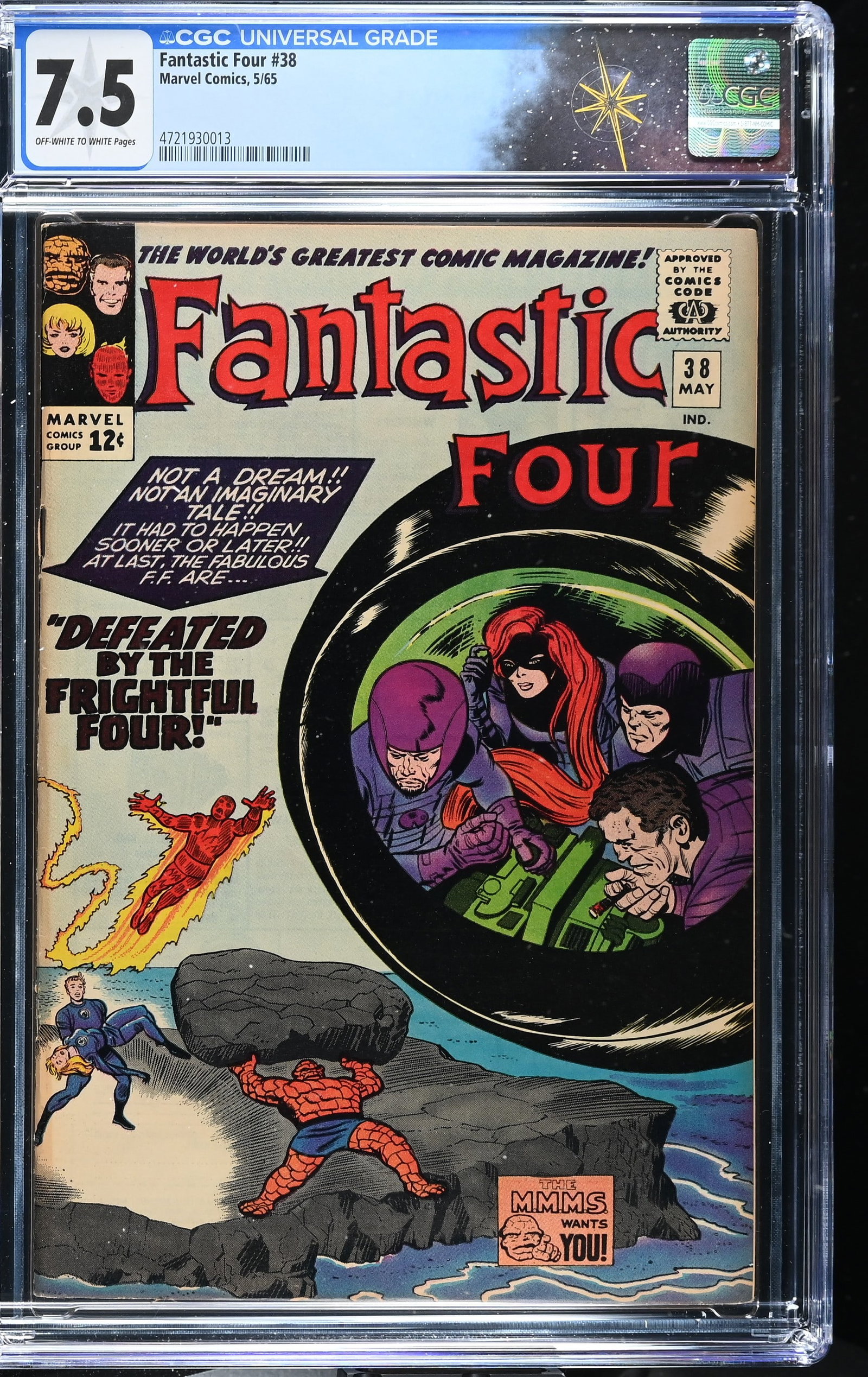 Fantastic Four #38 CGC 7.5 1st Appearance of Trapster & 2nd Medusa Appearance (Marvel Comics, 1965): Fantastic Four #38 CGC 7.5 1st Appearance of Trapster & 2nd Medusa Appearance (Marvel Comics, 1965).Cover pencils by Jack Kirby and inks by Chic Stone. 1st Appearance of Paste-Pot Pete as Trapster, 2n
