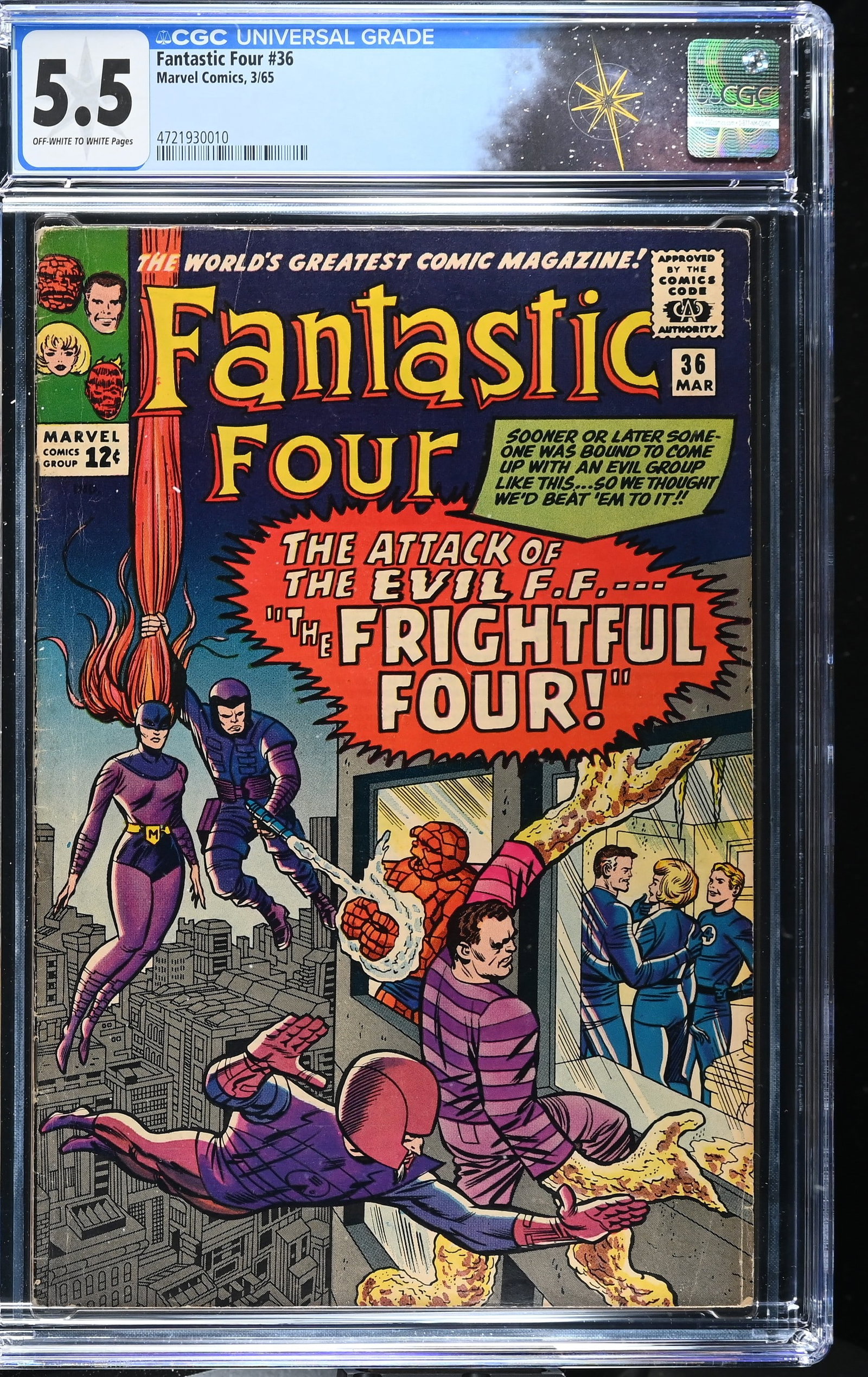 Fantastic Four #36 CGC 5.5 1st Team Appearance of the Frightful Four & Medusa (Marvel Comics, 1965): Fantastic Four #36 CGC 5.5 1st Team Appearance of the Frightful Four & Medusa (Marvel Comics, 1965).Cover pencils by Jack Kirby and ?inks by Chic Stone. 1st appearance of Madam Medusa (of The Inhumans