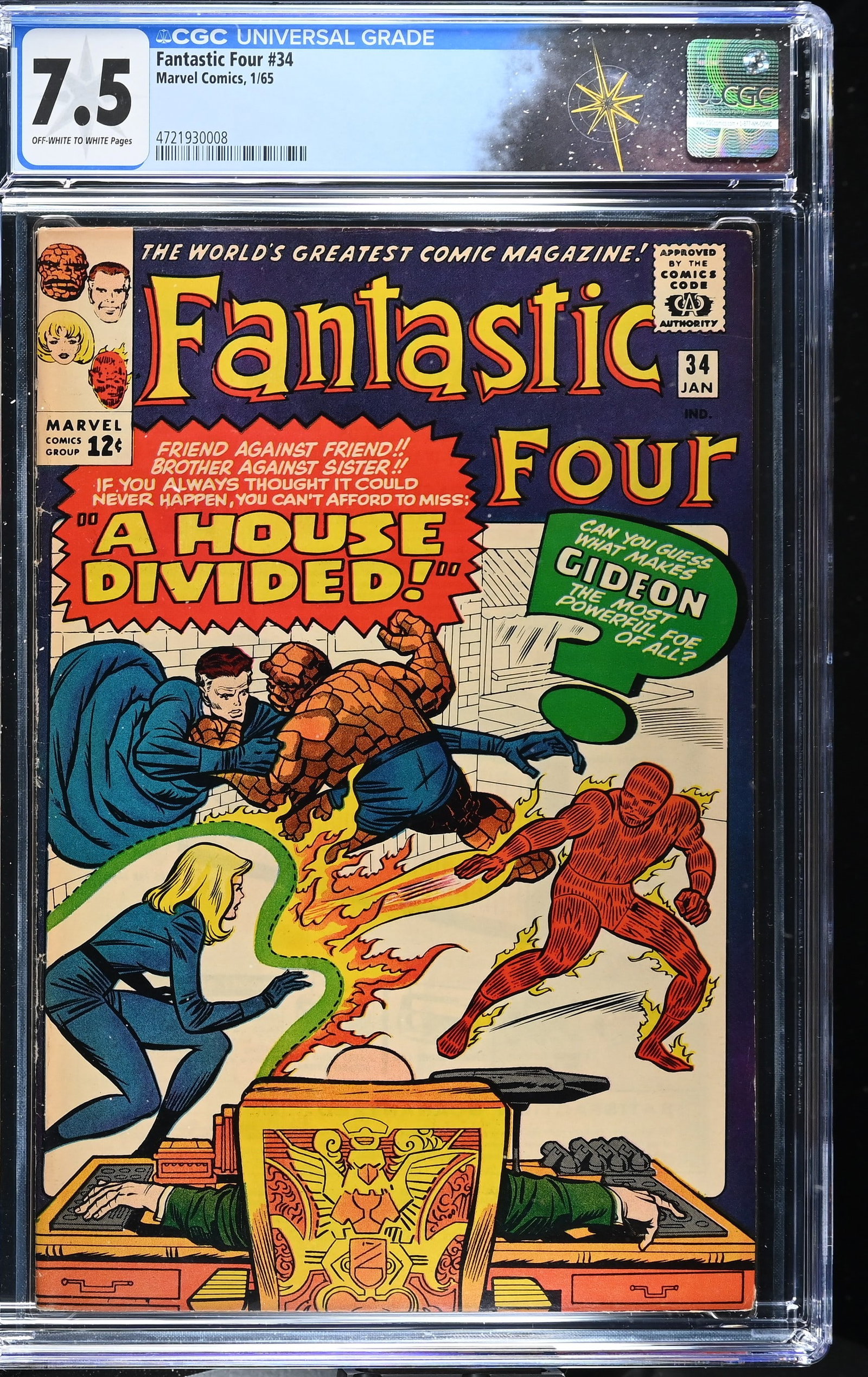 Fantastic Four #34 CGC 7.5 1st Appearance of Greg Gideon and Thomas Gideon (Marvel Comics, 1965): Fantastic Four #34 CGC 7.5 1st appearance of Greg Gideon (Marvel Comics, 1965).Cover pencils by Jack Kirby, and inks by Chic Stone. 1st appearance of Greg and Thomas Gideon in ?A House Divided!? Story