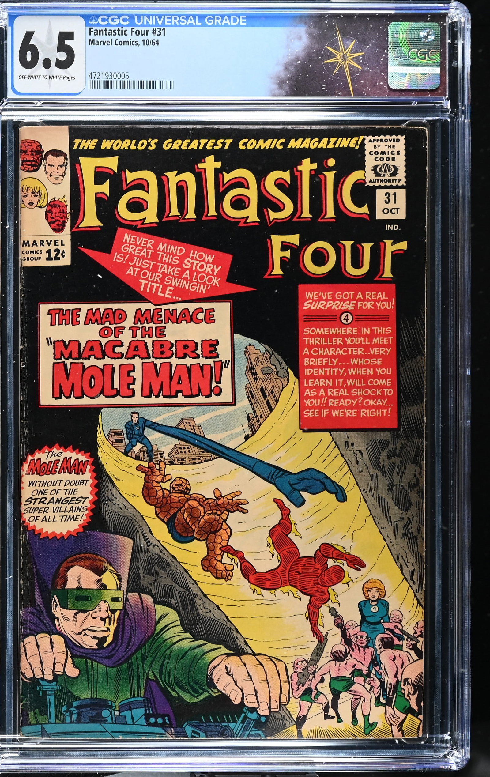 Fantastic Four #31 CGC 6.5 1st Appearance of Doctor Franklin Storm (Marvel Comics, 1964) Off-White: Fantastic Four #31 CGC 6.5 1st Appearance of Doctor Franklin Storm (Marvel Comics, 1964).Cover pencils by Jack Kirby and inks by Chic Stone. 1st appearance of father to Sue and Johnny Storm, Doctor Fr