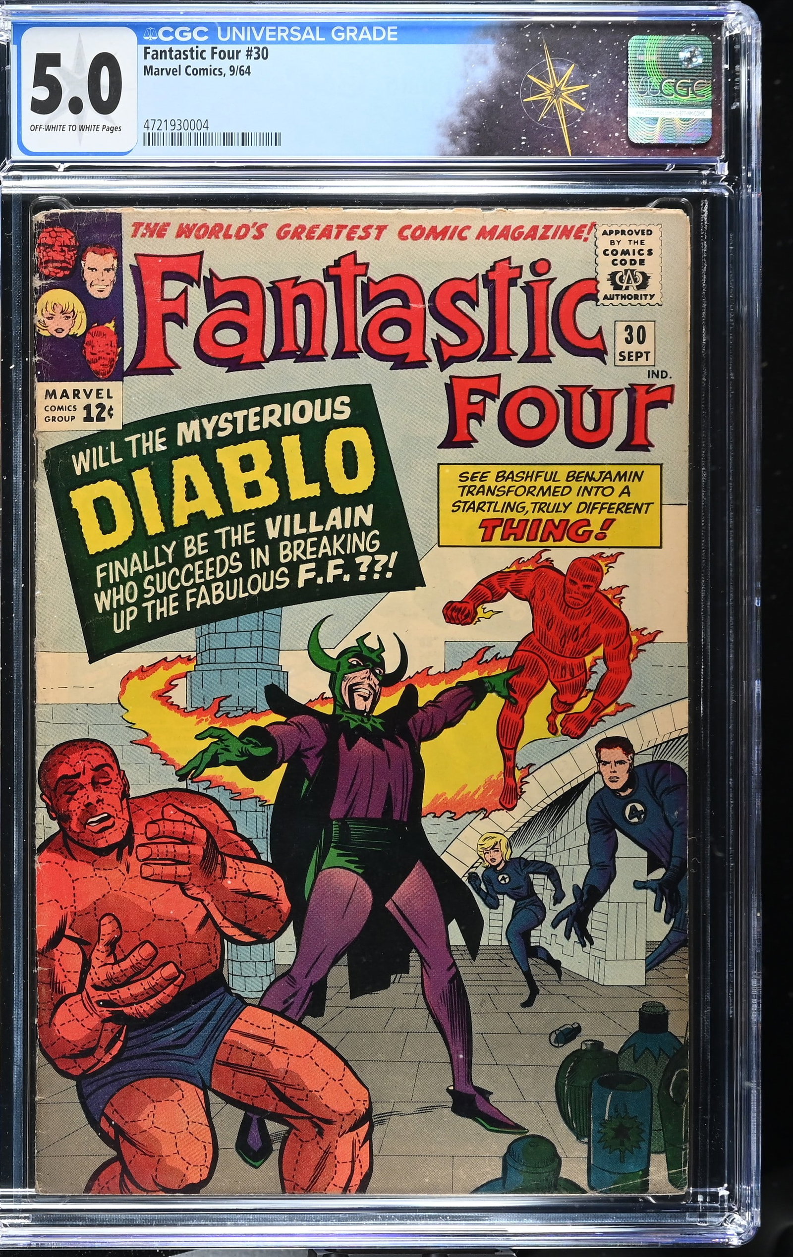 Fantastic Four #30 CGC 5.0 1st Appearance of Diablo (Marvel Comics, 1964) Off-White to White Pages: Fantastic Four #30 CGC 5.0 1st Appearance of Diablo (Marvel Comics, 1964).Cover pencils by Jack Kirby and inks by Chic Stone.1st appearance of Diablo in "The Dreaded Diablo!". Story by Stan Lee, penci