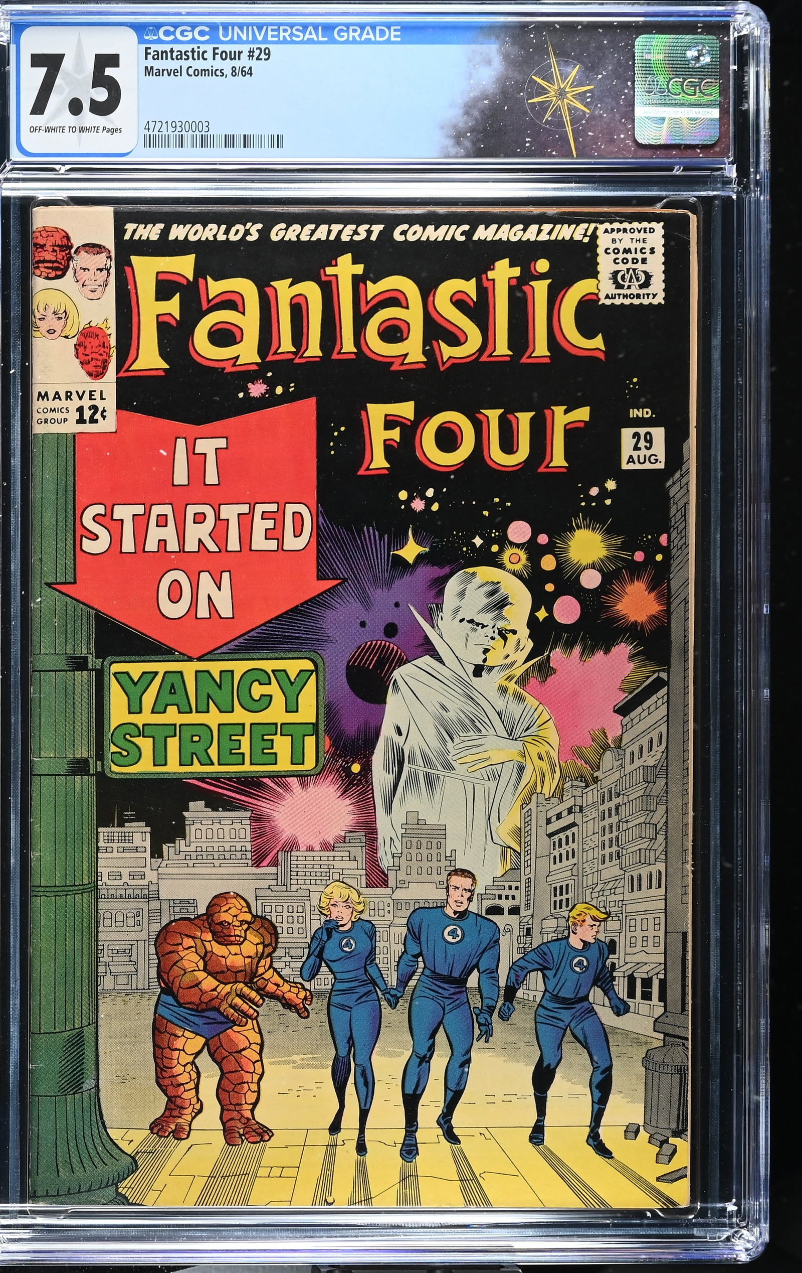 Fantastic Four #29 CGC 7.5 1st Cover Appearance of the Watcher (Marvel Comics, 1964) Off-White to: Fantastic Four #29 CGC 7.5 1st Cover Appearance of the Watcher (Marvel Comics, 1964).Cover pencils by Jack Kirby and inks by Chic Stone. ?It Started on Yancy Street!?. Story by Stan Lee, pencils by Ja