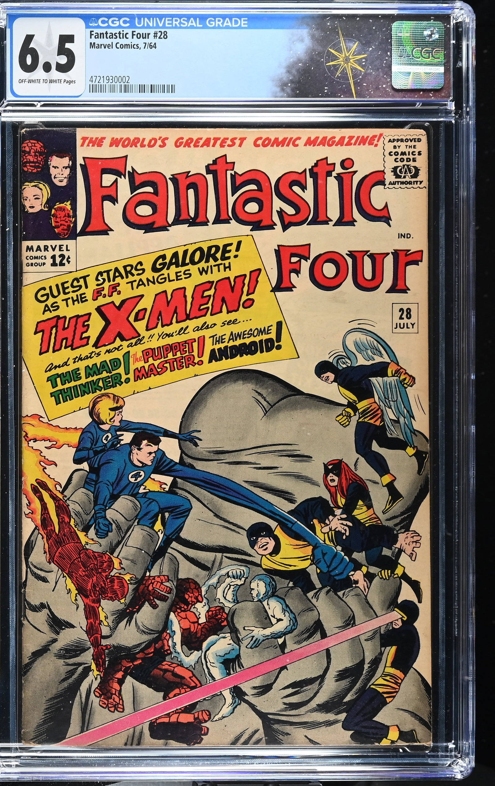 Fantastic Four #28 CGC 6.5 1st X-Men Crossover and 2nd Mad Thinker Appearance (Marvel Comics, 1964): Fantastic Four #28 CGC 6.5 1st X-Men Crossover and 2nd Mad Thinker Appearance (Marvel Comics, 1964).Cover pencils by Jack Kirby and inks by Sol Brodsky. 1st time X-Men meet the Fantastic Four and 2nd 