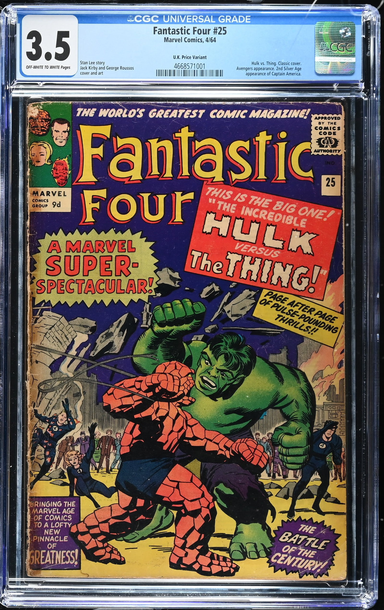 Fantastic Four #25 CGC 3.5 UK Variant 2nd Silver Age Captain America (Marvel Comics, 1964) Off-White (1 of 2)