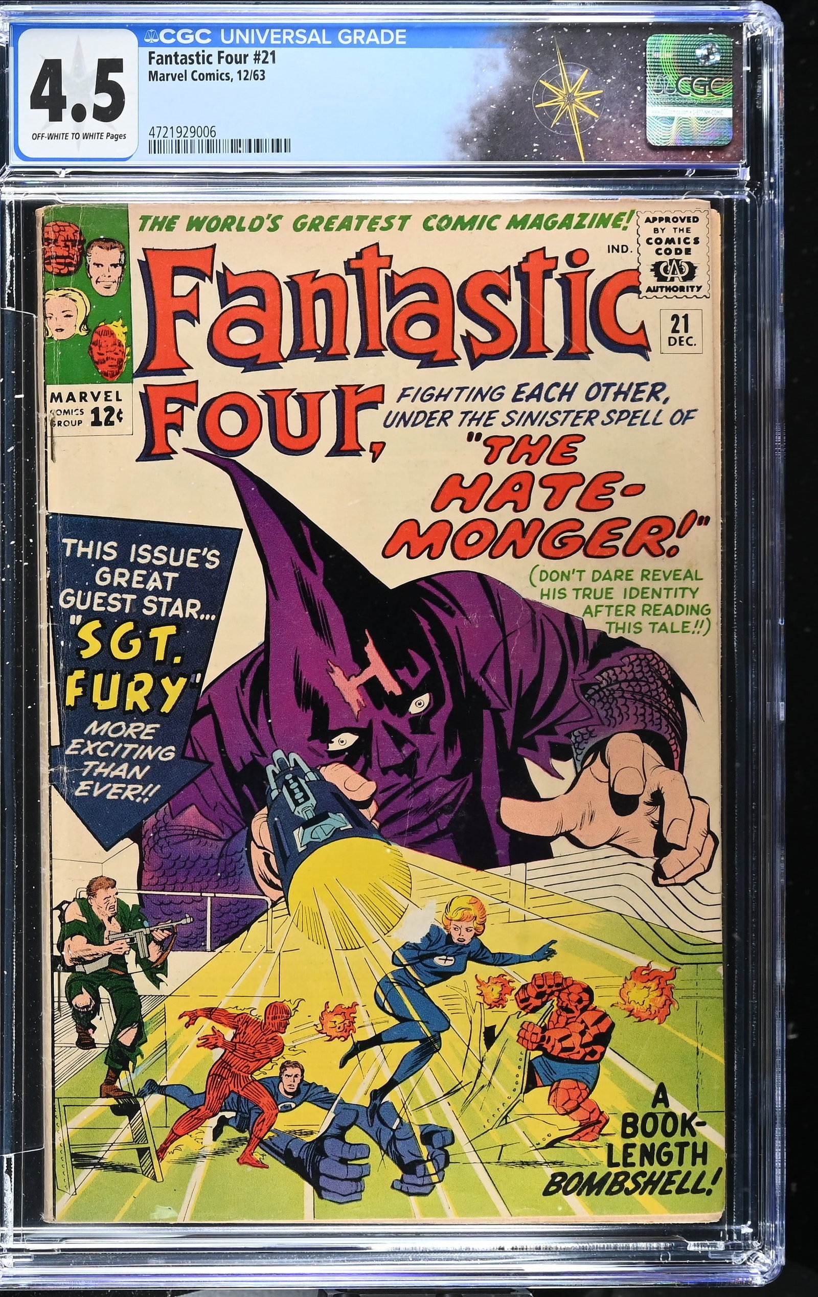 Fantastic Four #21 CGC 4.5 1st Appearance of the Hate-Monger (Marvel Comics, 1963) Off-White to: Fantastic Four #21 CGC 4.5 1st Appearance of the Hate-Monger (Marvel Comics, 1963).Cover pencils by Jack Kirby, inks by Paul Reinman. 1st appearance of the Hate-Monger and 1st Nick Fury crossover in "