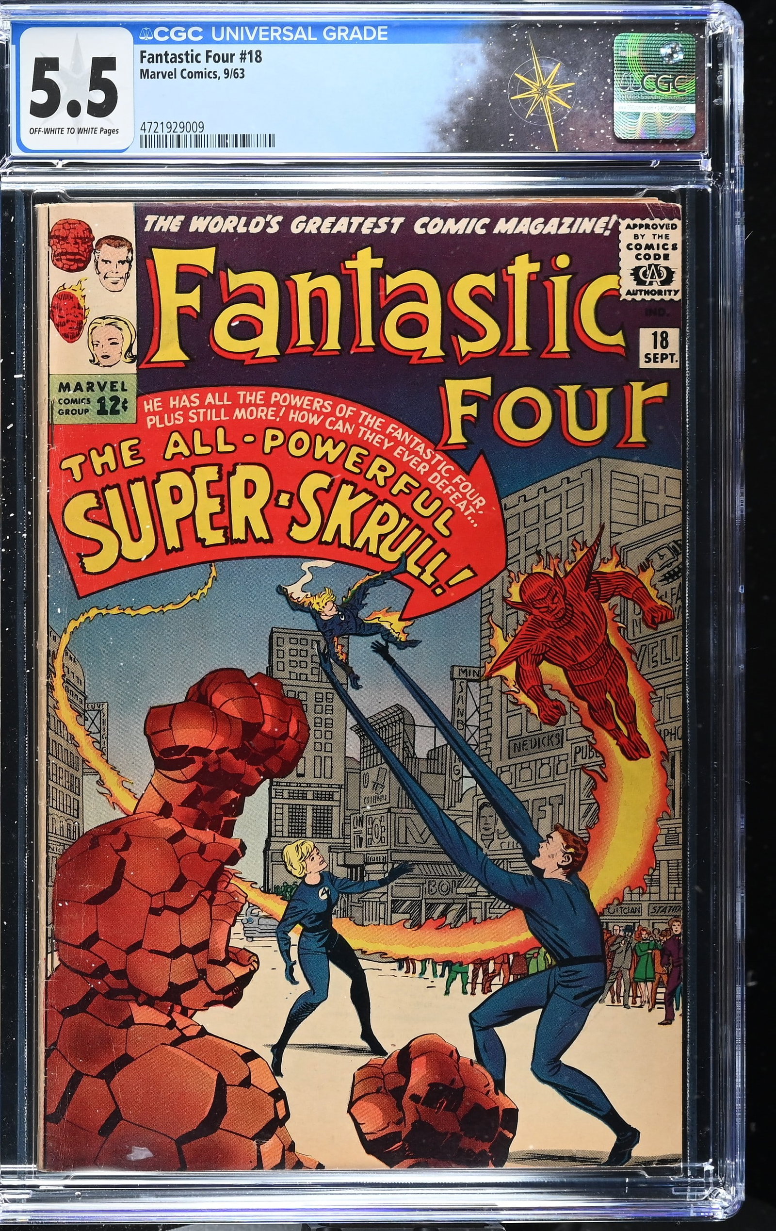 Fantastic Four #18 CGC 5.5 Origin and 1st Appearance of the Super-Skrull (Marvel Comics, 1963): Fantastic Four #18 CGC 5.5 Origin and 1st Appearance of the Super-Skrull (Marvel Comics, 1963).Cover pencils by Jack Kirby and inks by Paul Reinman. Origin and 1st appearance of the Super Skrull in "A