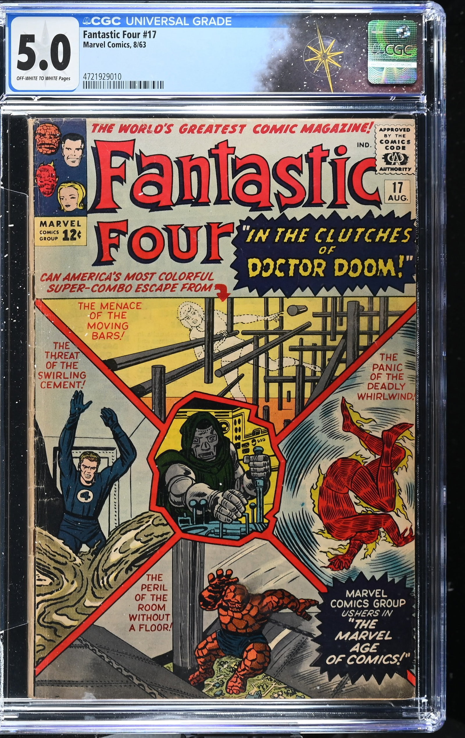 Fantastic Four #17 CGC 5.0 ?Defeated by Doctor Doom!? President Kennedy Cameo (Marvel Comics, 1963): Fantastic Four #17 CGC 5.0 "Defeated by Doctor Doom!" President John F. Kennedy Cameo (Marvel Comics, 1963). Cover pencils by Jack Kirby and inks by Dick Ayers. "Defeated by Doctor Doom!". Story by St