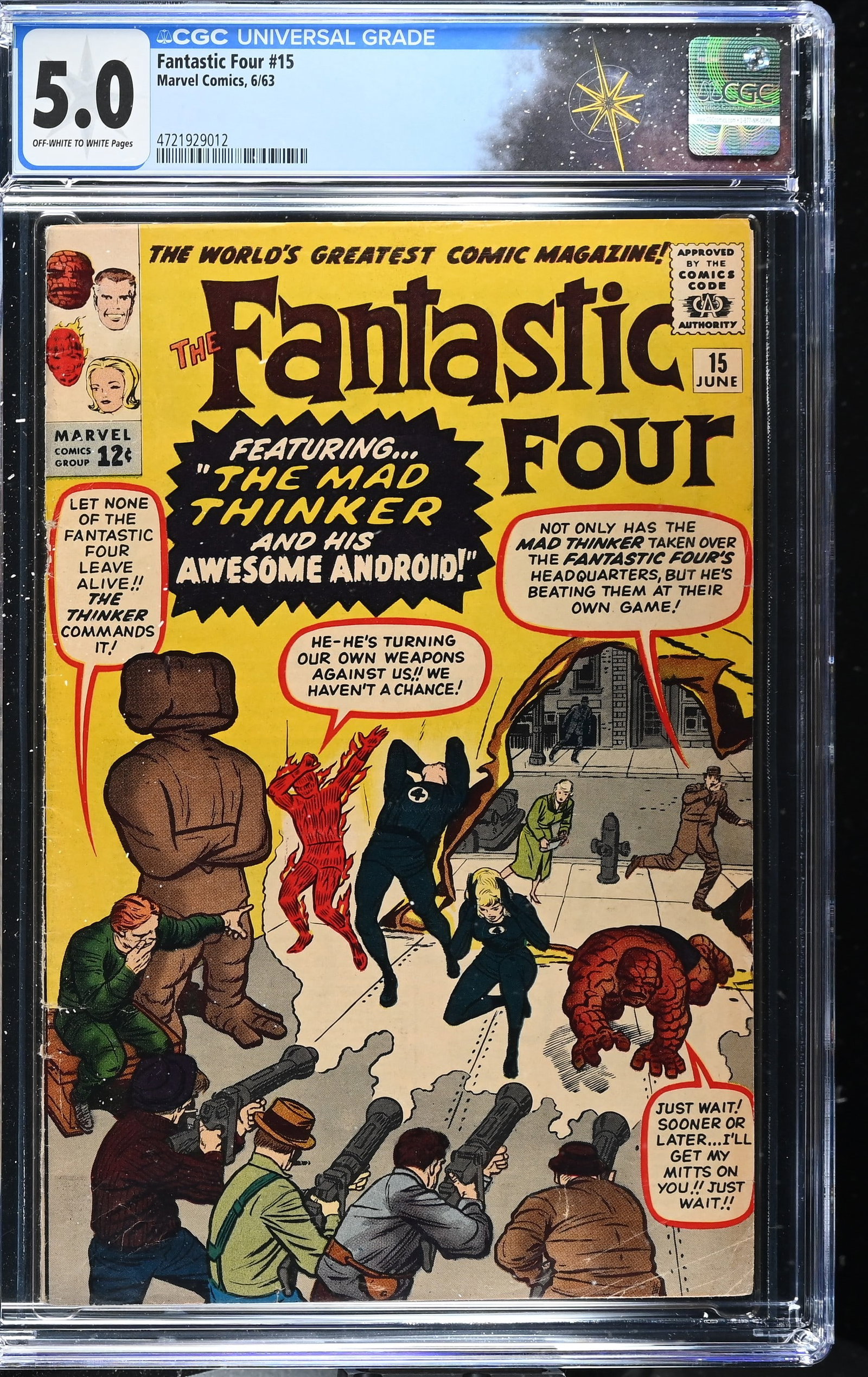 Fantastic Four #15 CGC 5.0 1st Appearance of the Mad Thinker (Marvel Comics, 1963) Off-White to: Fantastic Four #15 CGC 5.0 1st Appearance of the Mad Thinker (Marvel Comics, 1963).Cover pencils by Jack Kirby and inks by Dick Ayers. 1st appearance of the Mad Thinker in "The Fantastic Four Battle t