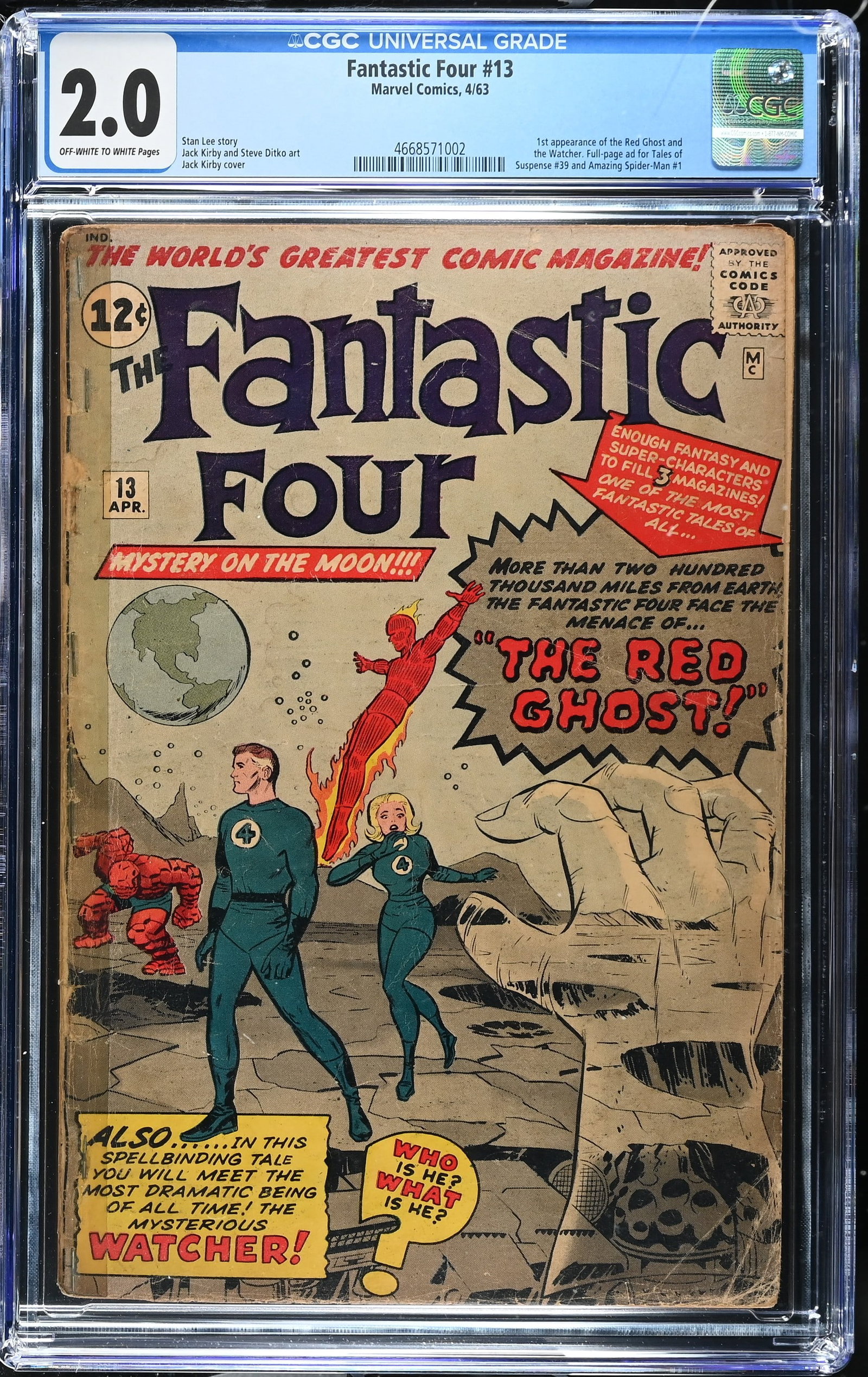Fantastic Four #13 CGC 2.0 1st Appearance of the Watcher & Red Ghost (Marvel Comics, 1963) Off-White: Fantastic Four #13 CGC 2.0 1st Appearance of the Watcher & Red Ghost (Marvel Comics, 1963).Cover pencils by Jack Kirby and inks by George Roussos. 1st appearance of The Watcher and the Red Ghost in ?T