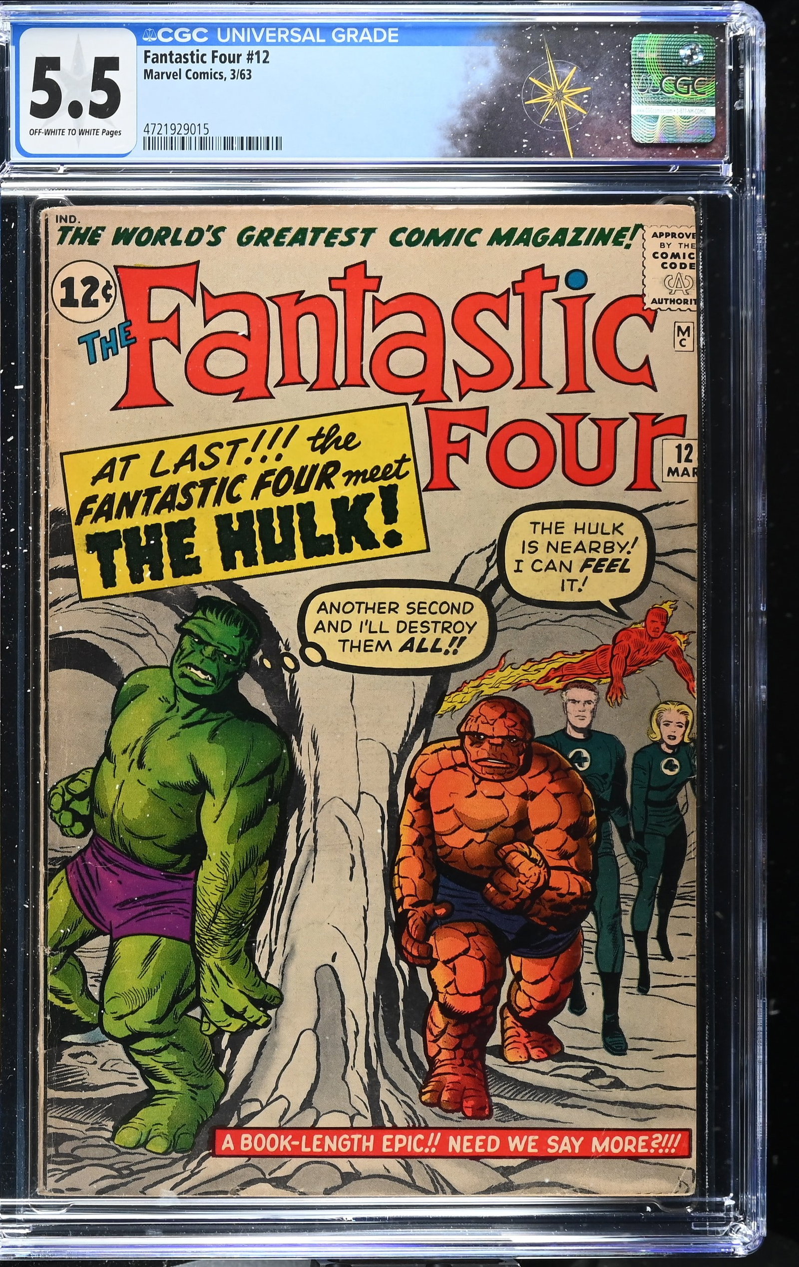 Fantastic Four #12 CGC 5.5 1st Meeting of Fantastic Four & The Incredible Hulk (Marvel Comics, 1963): Fantastic Four #12 CGC 5.5 1st Meeting of the Fantastic Four and the Incredible Hulk (Marvel Comics, 1963).Cover pencils by Jack Kirby and inks by Dick Ayers. 1st meeting of Hulk and Fantastic Four in
