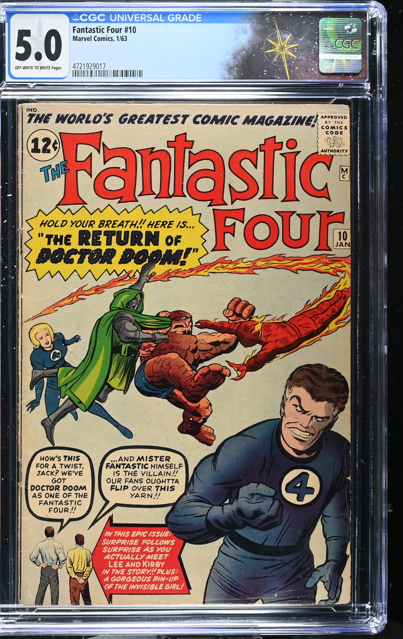 Fantastic Four #10 CGC 5.0 3rd Appearance of Doctor Doom (Marvel Comics, 1963) Off-White to White: Fantastic Four #10 CGC 5.0 3rd Appearance of Doctor Doom (Marvel Comics, 1963).Cover pencils by Jack Kirby and inks by Dick Ayers. Doctor Doom returns for his 3rd appearance in "The Return of Doctor D