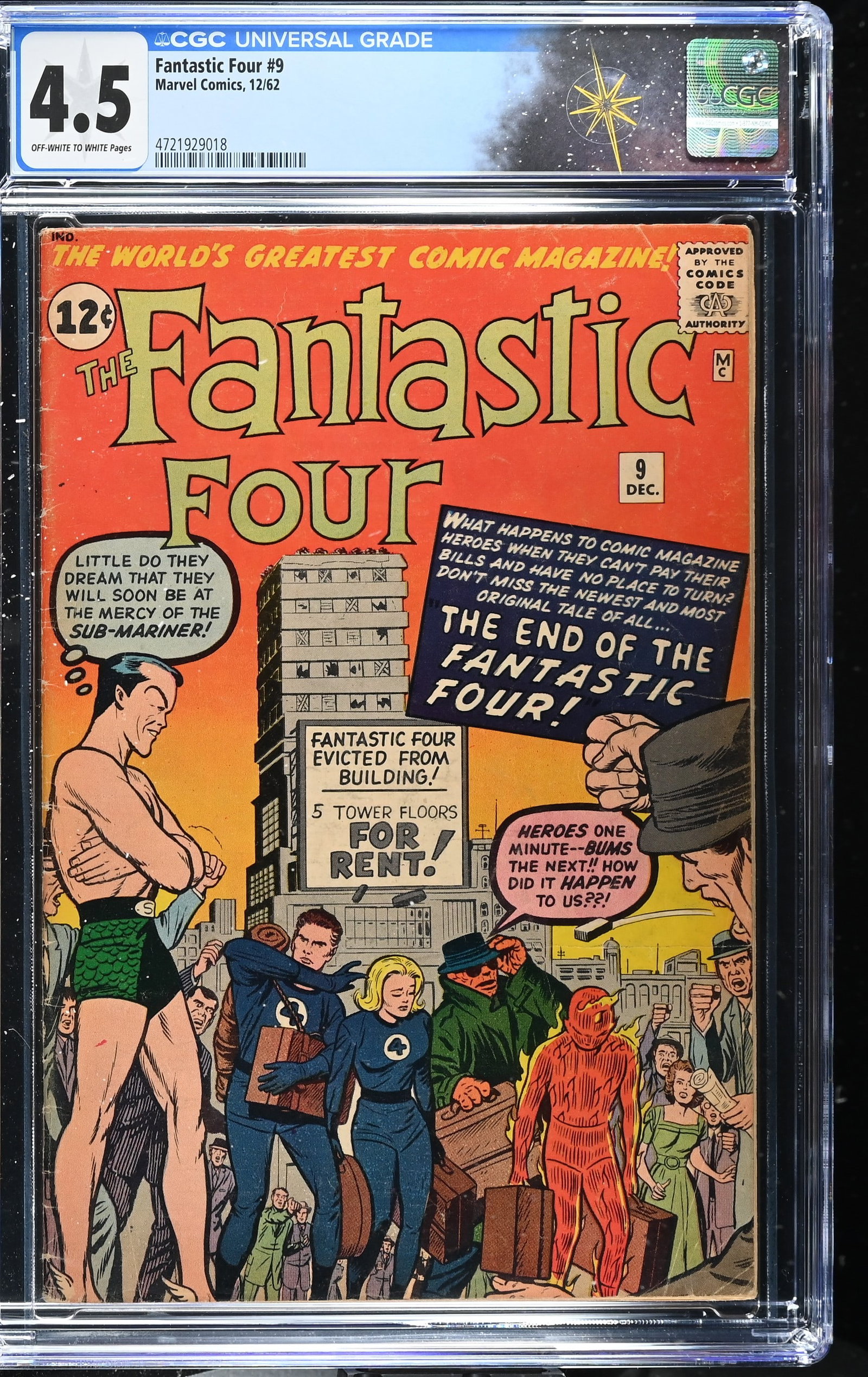 Fantastic Four #9 CGC 4.5 3rd Silver Age Appearance of Sub-Mariner (Marvel Comics, 1962) Off-White: Fantastic Four #9 CGC 4.5 3rd Silver Age Appearance of Sub-Mariner (Marvel Comics, 1962).Cover pencils by Jack Kirby and inks by Dick Ayers. 3rd Silver Age appearance of the Sub-Mariner in "The End of