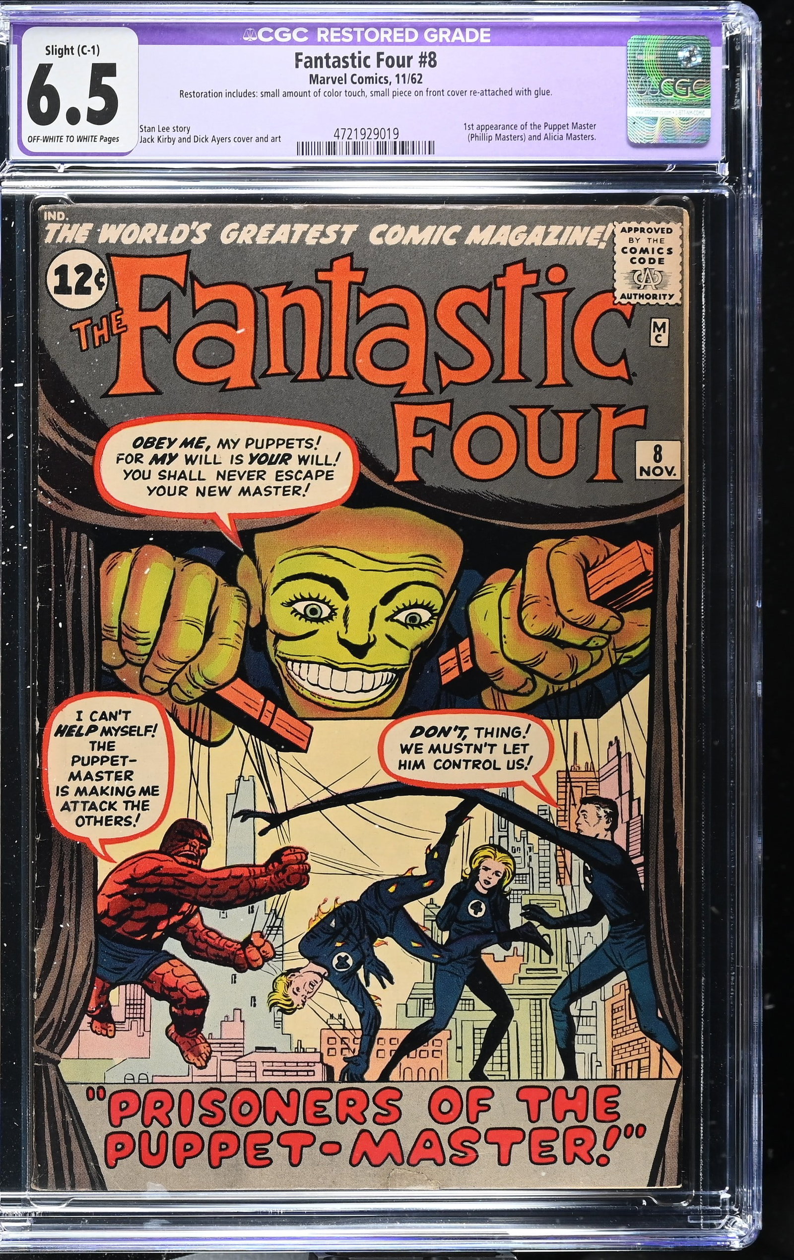 Fantastic Four #8 CGC 6.5 Restored 1st Appearance of the Puppet Master (Marvel Comics, 1962) (1 of 2)