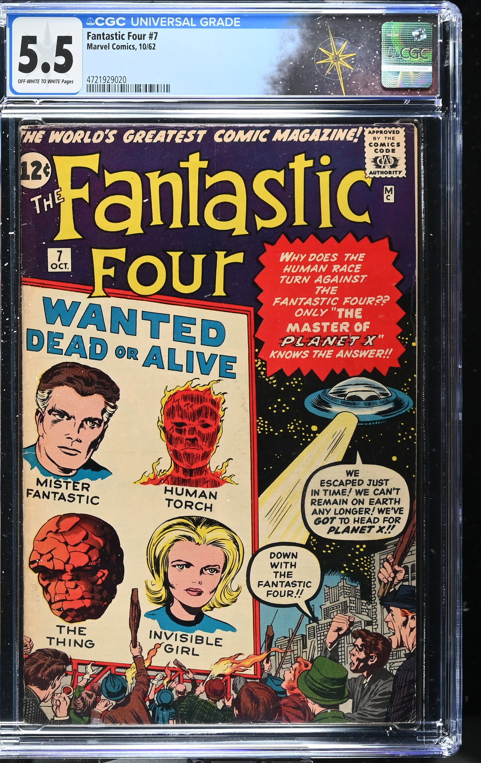 Fantastic Four #7 CGC 5.5 1st Appearance of Kurrgo (Marvel Comics, 1962) Off-White to White Pages: Fantastic Four #7 CGC 5.5 1st Appearance of Kurrgo (Marvel Comics, 1962).Cover art by Jack Kirby. 1st appearance of Kurrgo in ?Prisoners of Kurrgo, Master of Planet X! Part 1 It Came From the Skies!?.