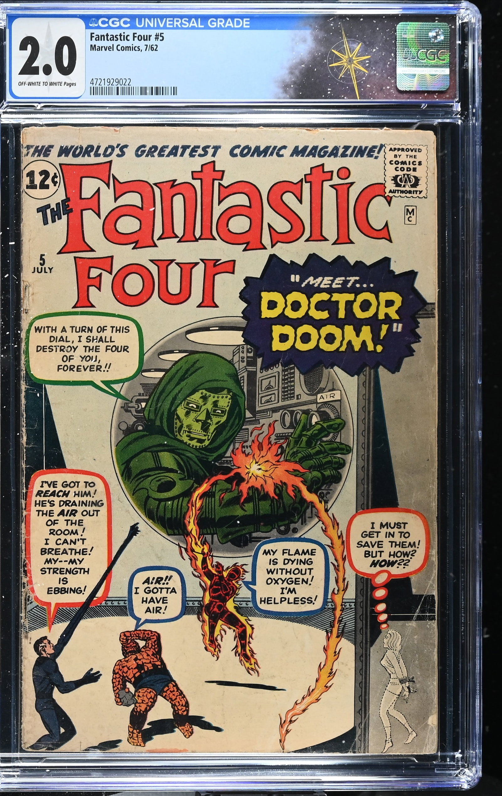 Fantastic Four #5 CGC 2.0 1st Appearance & Origin of Doctor Doom (Marvel Comics, 1962) Off-White to: Fantastic Four #5 CGC 2.0 Origin and 1st appearance of Dr. Doom (Marvel Comics, 1962).Cover pencils by Jack Kirby and inks by Joe Sinnott. Origin and 1st appearance of Doctor Doom in "Prisoners of Doc