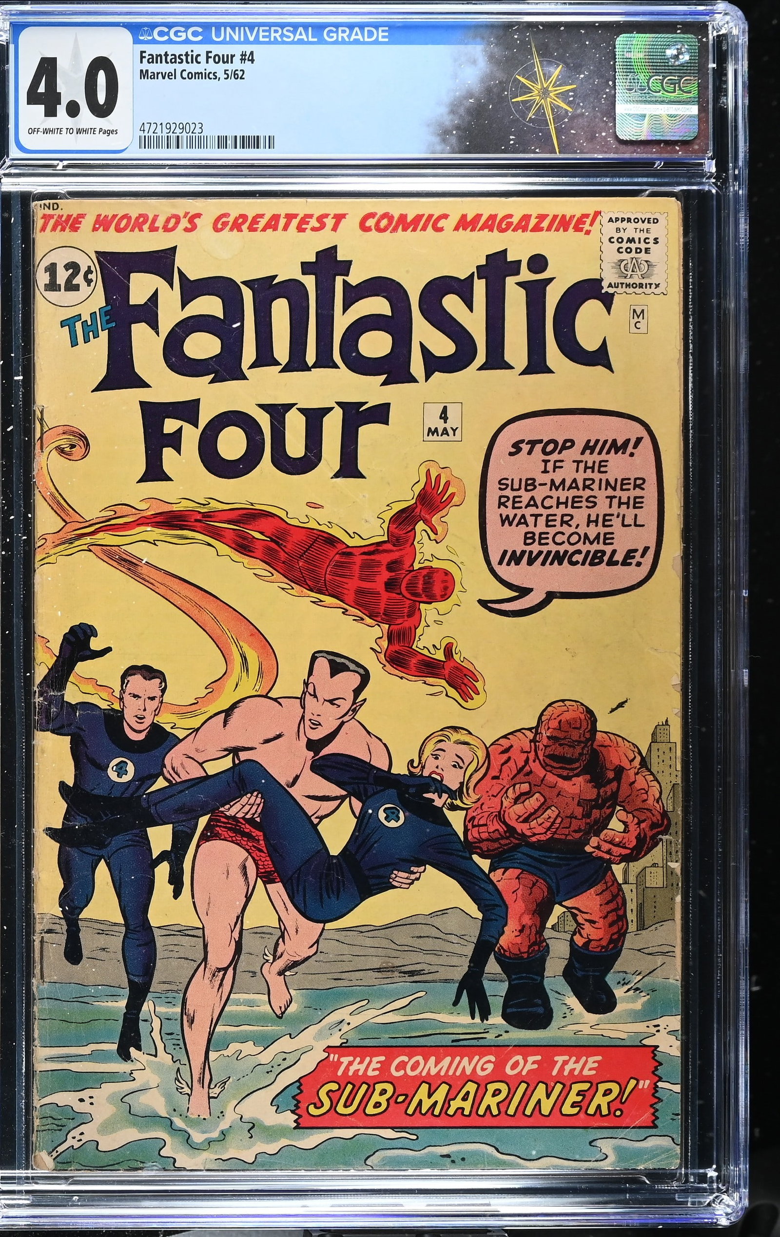 Fantastic Four #4 CGC 4.0 1st Silver Age Appearance of the Sub-Mariner (Marvel Comics, 1962): Fantastic Four #4 CGC 4.0 1st Silver Age Appearance of the Sub-Mariner (Marvel Comics, 1962).Cover pencils by Jack Kirby and inks by Sol Brodsky. 1st Silver Age appearance of the Sub-Mariner in ?The C
