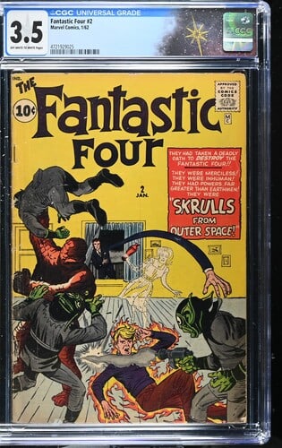 Fantastic Four #2 CGC 3.5 1st Appearance of the Skrulls (Marvel Comics, 1962) Off-White to White: Fantastic Four #2 CGC 3.5 1st Appearance of the Skrulls (Marvel Comics, 1962).Cover pencils by Jack Kirby and inks by George Klein. Last 10-cent issue. 1st appearance of the Skrulls in "The Fantastic 