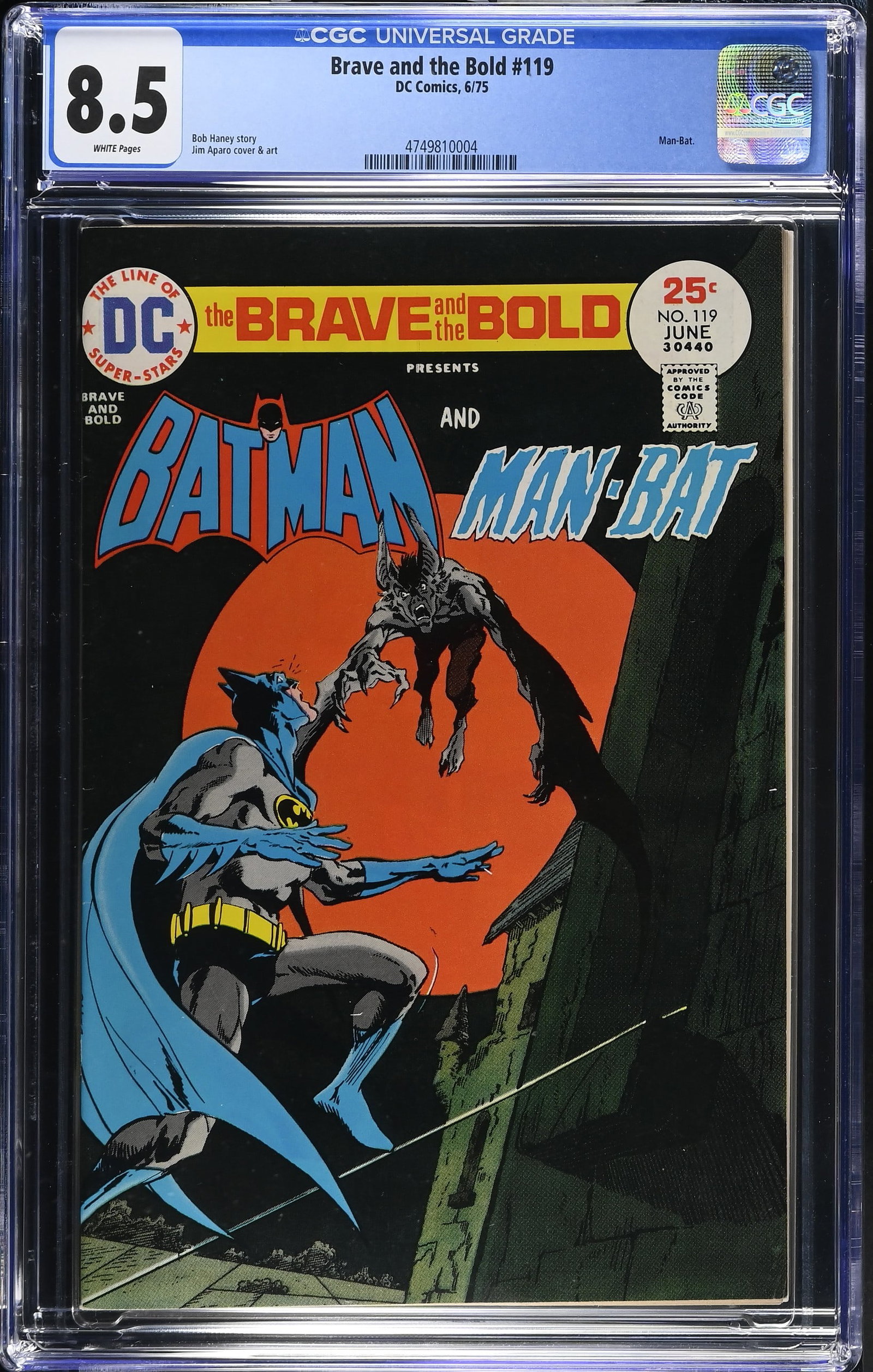 Brave and the Bold #119 CGC 8.5 Man-Bat Cover (DC Comics, 1975) White Pages: Brave and the Bold #119 CGC 8.5 (DC Comics, 1975).Cover by Jim Aparo. "Bring Back Killer Krag". Story by Bob Haney and art by Jim Aparo. When crime boss Dolph Rossi puts a hit out on a man named Moran