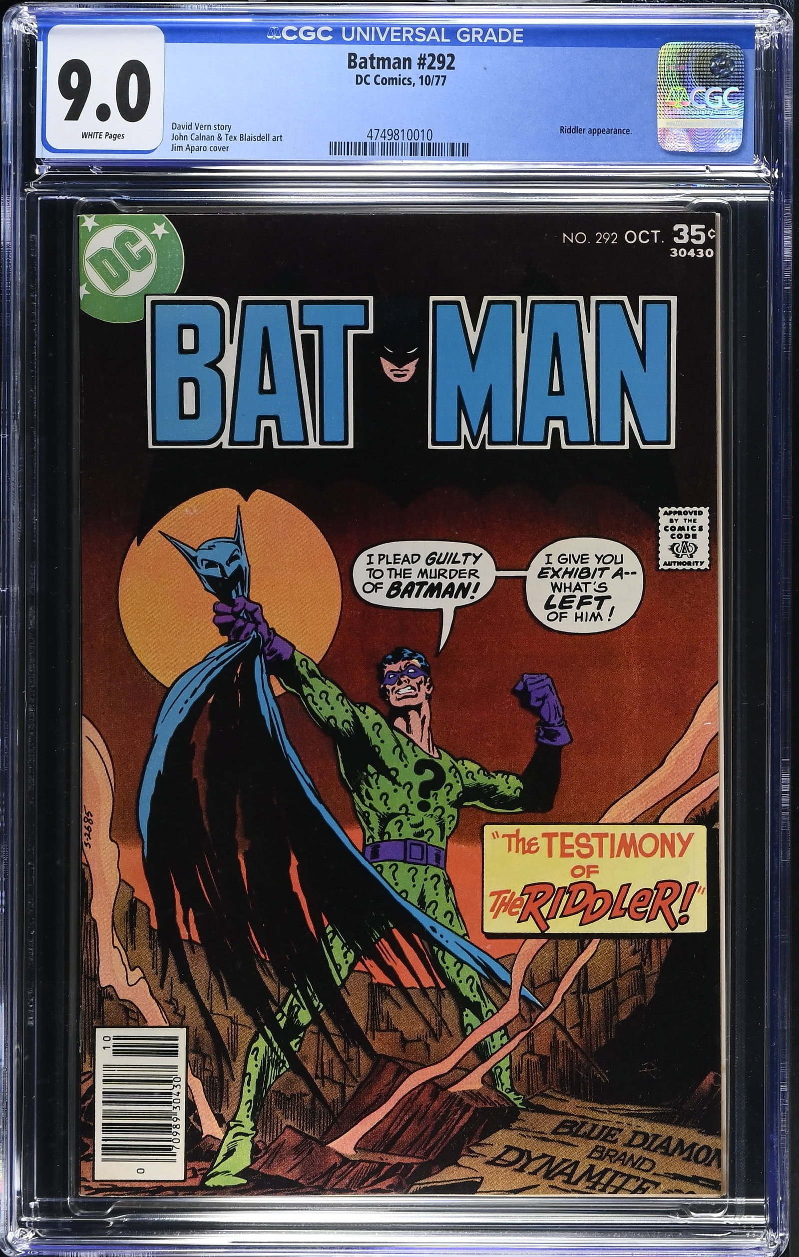 Batman #292 CGC 9.0 Riddler Cover by Jim Aparo (DC Comics, 1977) White Pages: Batman #292 CGC 9.0 Riddler Cover by Jim Aparo (DC Comics, 1977).Cover art by Jim Aparo. The second installment of the ?Who Killed Batman: Where Were You on the Night Batman Was Killed? storyline. ?Th